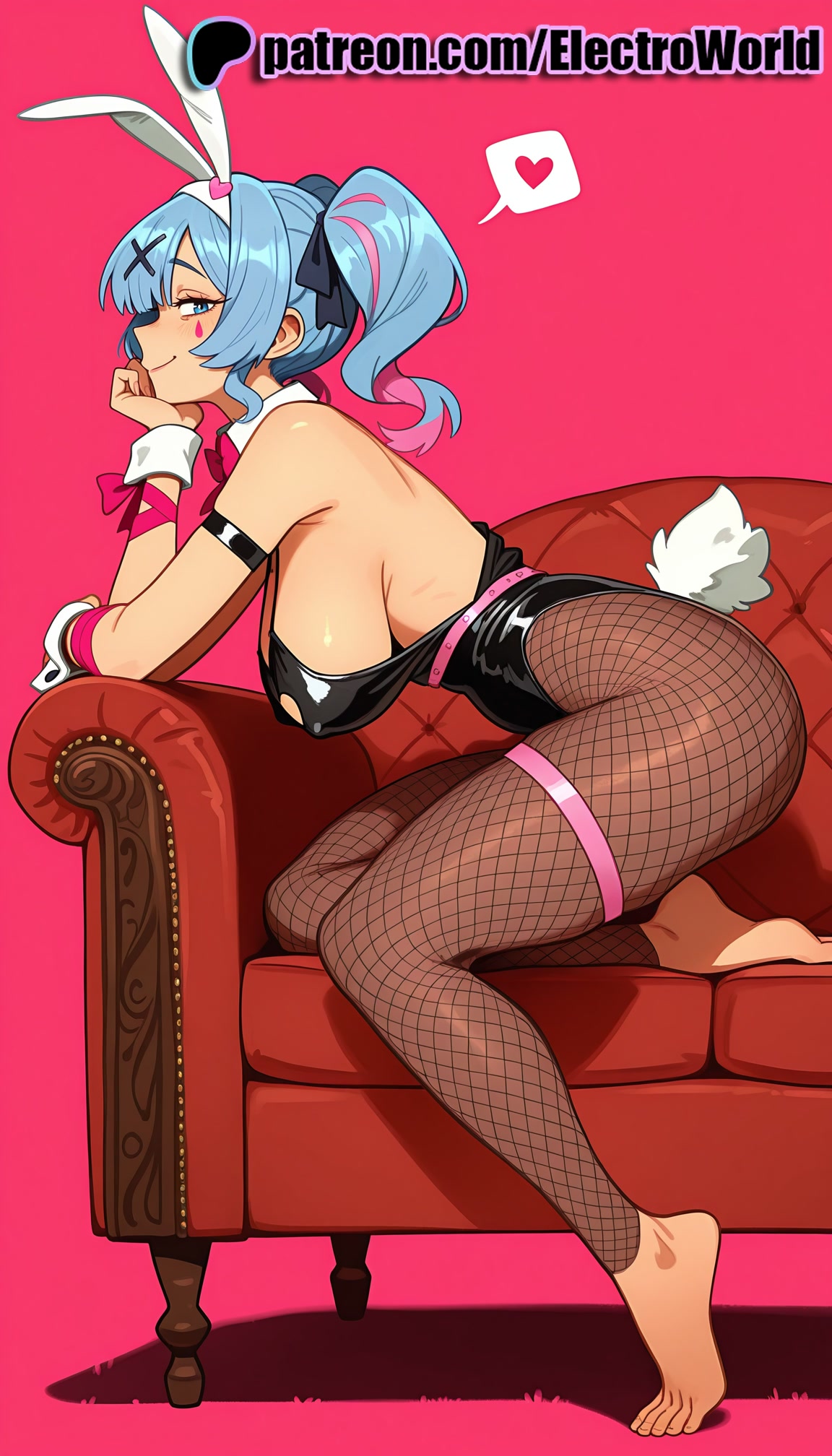 1girl, 1girls, 2025, ai generated, animal ears, artist name, bangs, bare shoulders, barefoot, black leotard, blue eyes, blue hair, bow, breasts, bust, chest, closed mouth, couch, detached collar, electroworld, fake animal ears, fake tail, female, fishnet legwear, fishnet pantyhose, fishnets, from side, full body, hair ornament, hatsune miku, heart, hi res, high quality, high resolution, highres, large breasts, leotard, long hair, looking at viewer, multicolored hair, pantyhose, patreon, patreon username, pink background, pink hair, playboy bunny, profile, rabbit ears, rabbit hole (vocaloid), rabbit tail, red background, ribbon, sideboob, smile, solo, spoken heart, stable diffusion, streaked hair, tail, thigh strap, twintails, virtual youtuber, vocaloid, watermark, wrist cuffs, x hair ornament
