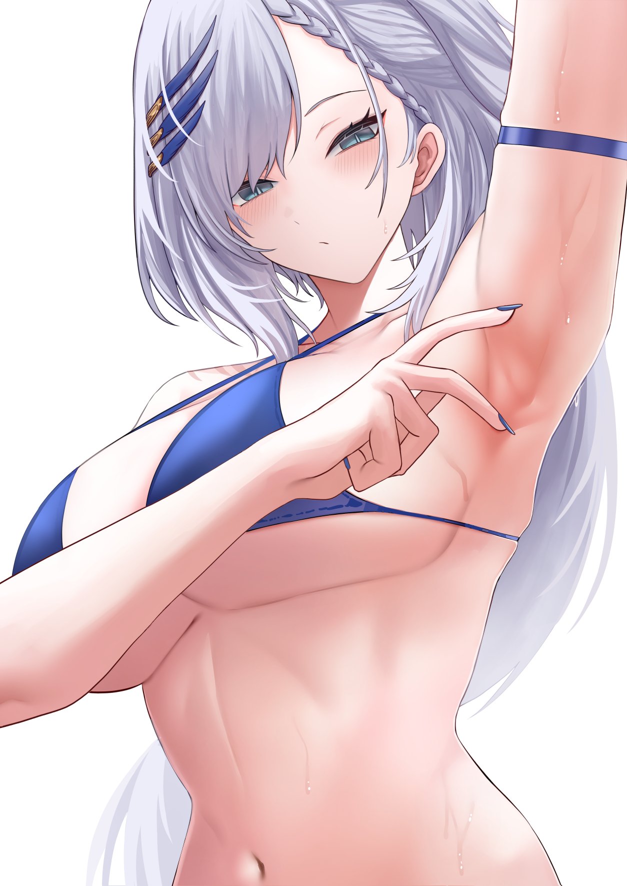 1girls, 5✩, arm up, armpit fetish, armpit focus, armpits, belly button, big breasts, blush, breasts, female, female only, grey hair, hololive, hololive indonesia, hololive indonesia holoro, huge breasts, large breasts, light-skinned female, pavolia reine, ponytail, si farid, spreading armpit, sweatdrop, tagme, top heavy breasts, tummy, virtual youtuber, vtuber