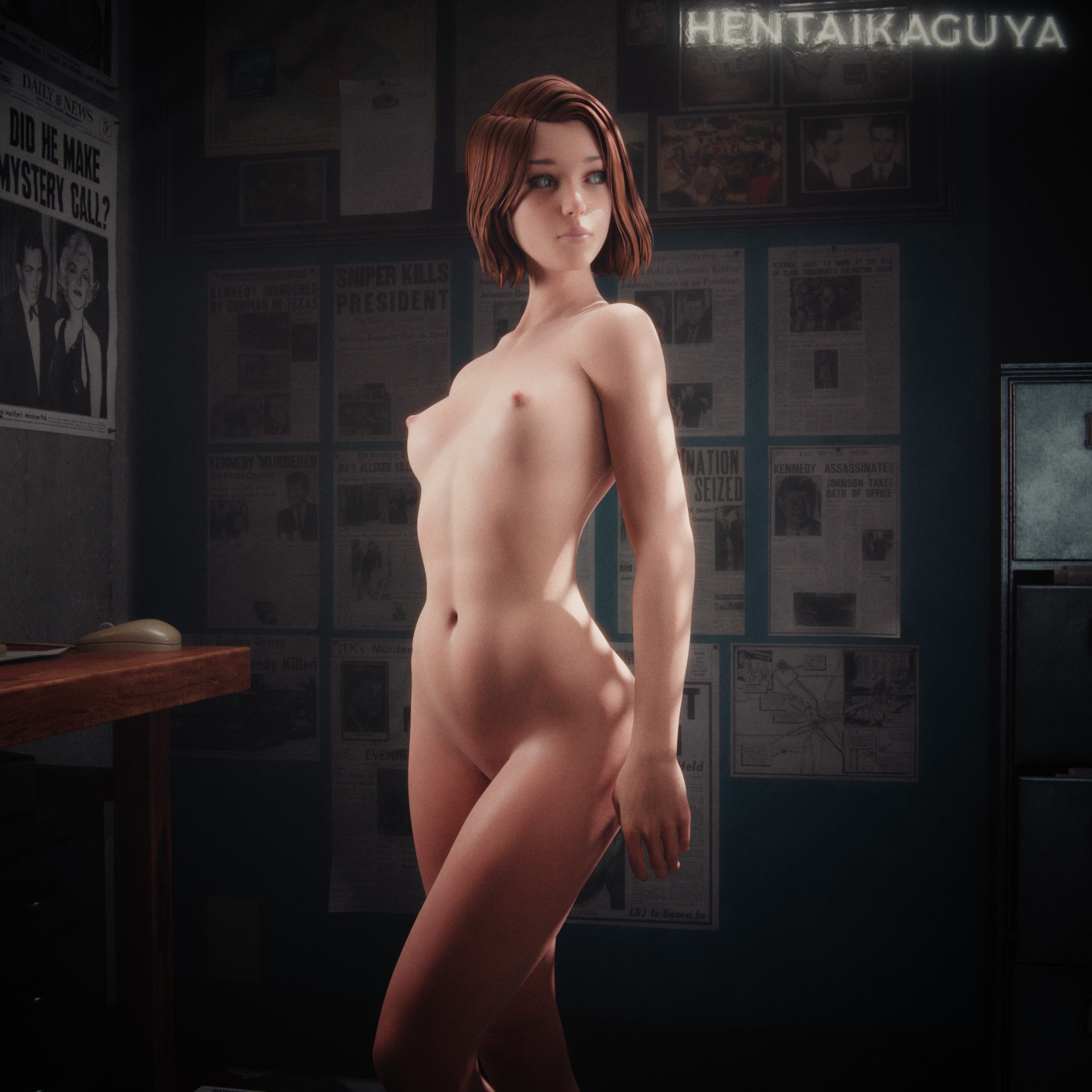 1girls, 2025, 3d, alternate version available, areolae, blue eyes, breasts, brown hair, completely nude, dark background, female, female only, hentaikaguya, knees, legs crossed, life is strange, life is strange: double exposure, light eyes, light skin, light-skinned female, looking to the side, max caulfield, max caulfield (double exposure), maxine caulfield, medium hair, nipples, nude, nude female, nude variant, office, pose, small breasts, solo, standing, thighs