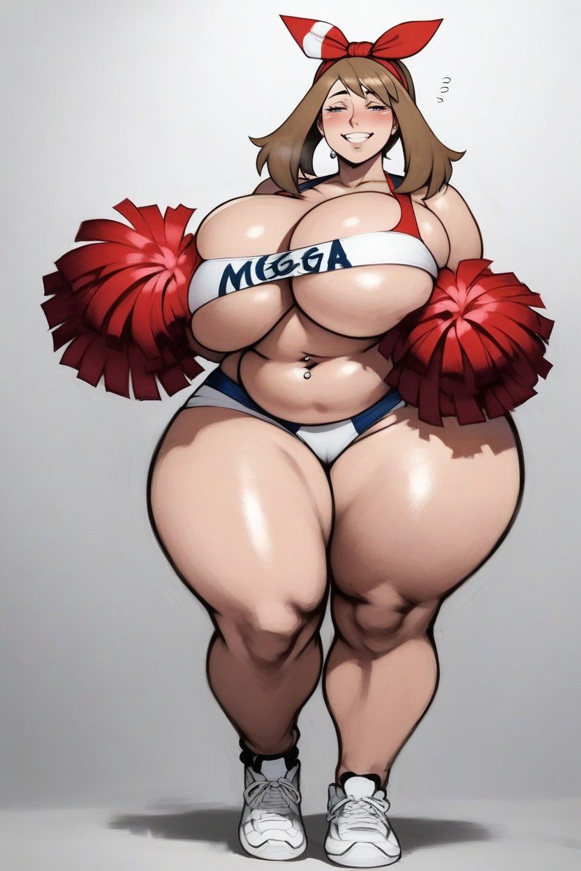 ai generated, ass, bbw, belly, big ass, big belly, big breasts, breasts, cheerleader, female, gigantic ass, gigantic belly, gigantic breasts, human, hunkbsaa, massive ass, massive belly, massive breasts, may (pokemon), navel piercing, nintendo, pokemon, ssbbw
