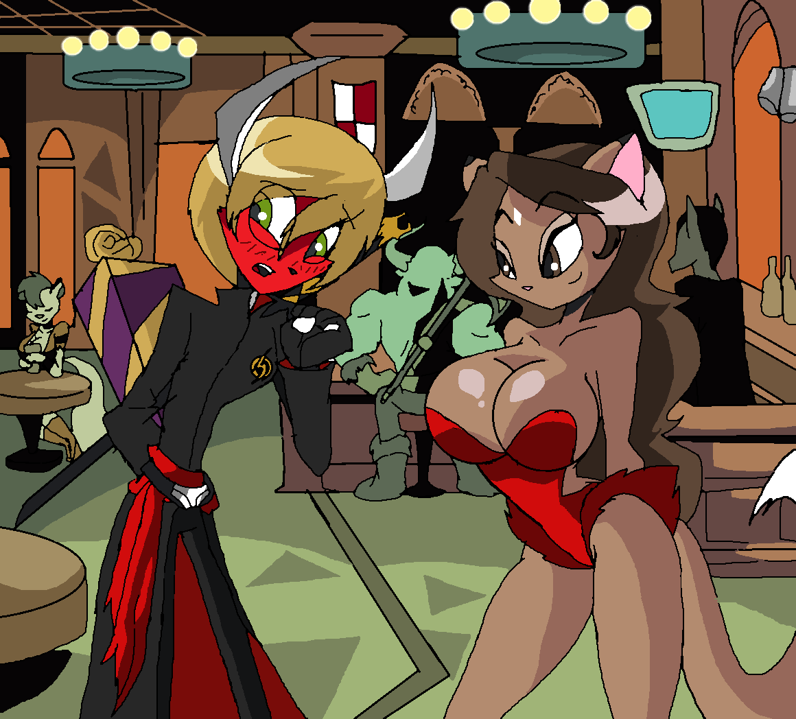 2girls 3boys animal_ears anthro arms_behind_back arms_up back_view bare_shoulders big_breasts blonde_hair blush boots brown_eyes brown_hair busty chair choker cleavage clenched_teeth cloak curvy detailed_background duo female fluffy_tail forehead_jewel front_view full-face_blush furry gift gift_box glass gloves green_eyes group hand_behind_back hands_behind_back holding_object horn hourglass_figure humanoid indoors inside interspecies leotard long_hair male manic47 multiple_boys multiple_females multiple_girls multiple_males original_character pose posing shiny shiny_skin short_hair sitting standing straight table tail tavern very_long_hair voluptuous weapon werewolf wide_hips yellow_hair