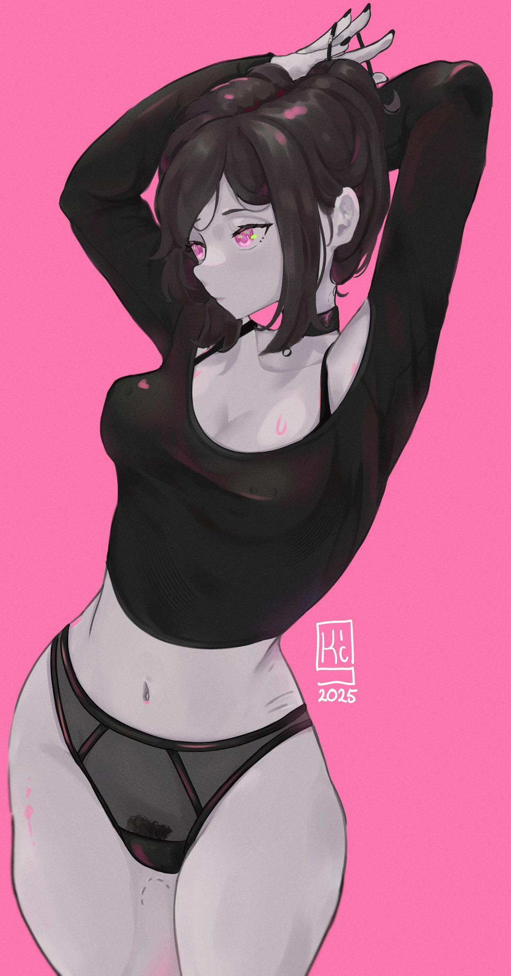 1girls, 2025, ashley graves, bite mark, black hair, breasts, choker, cleavage, female, female only, highres, kicks0u, large breasts, light skin, light-skinned female, lipstick mark, navel, nipples, nipples visible through clothing, pink hair, plain background, ponytail, pubic hair, pubic hair peek, see-through, see-through clothing, solo, the coffin of andy and leyley, tying hair, watermark