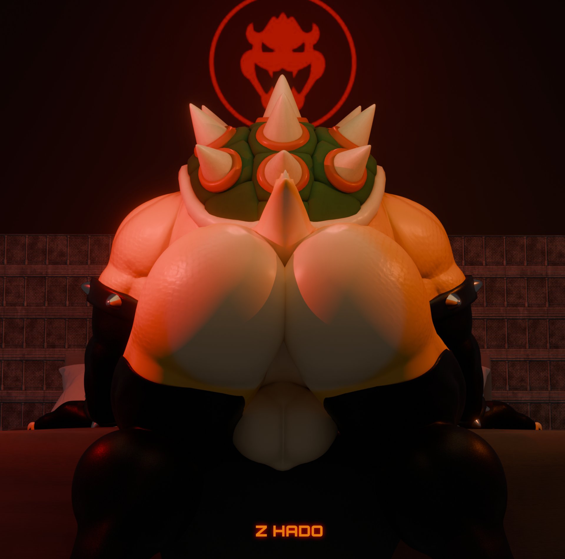 1boy, 3d, 3d (artwork), anthro, armwear, ass, ass focus, balls, big ass, big balls, black armwear, black legwear, bowser, bowser logo, bracelet, clothing, daddy, dilf, enormous ass, fat ass, furry, furry male, furry only, gigantic ass, huge ass, indoors, koopa, large ass, legwear, male, male only, mario (series), massive ass, muscles, muscular, muscular anthro, muscular male, nintendo, reptile, scalie, shell, solo, solo focus, solo male, spiked shell, spikes, spikes (anatomy), tail, testicles, thick ass, unseen male face, yellow skin, z hado