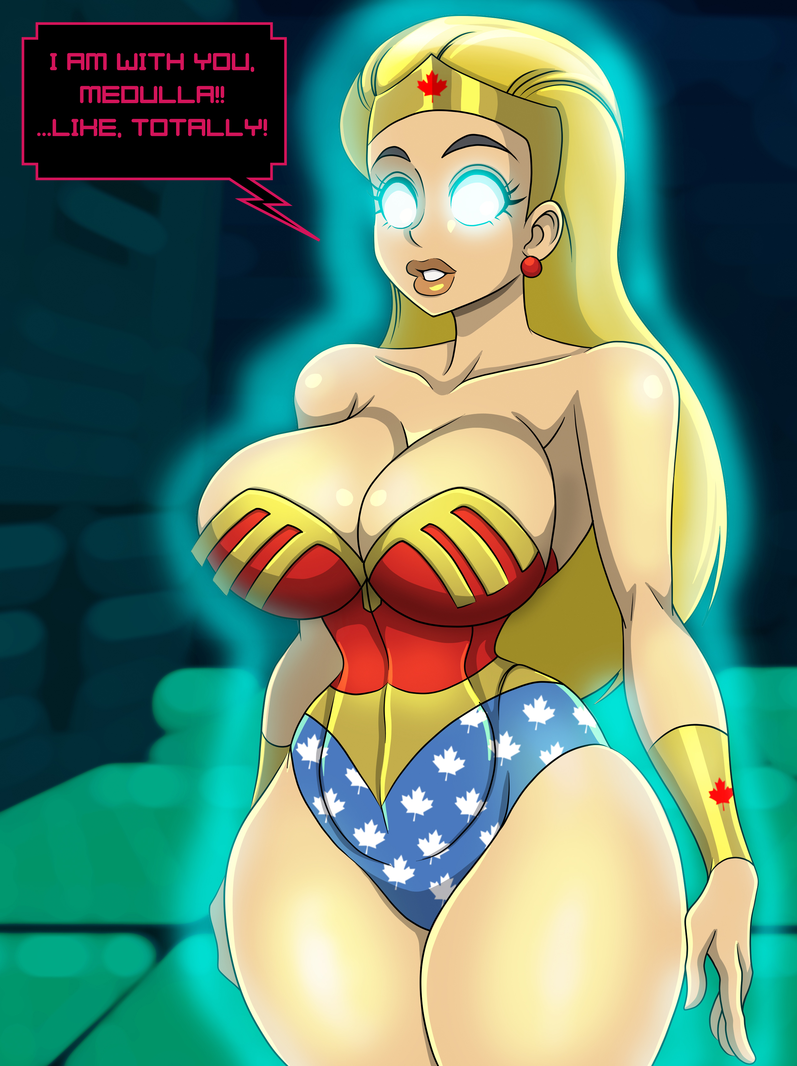 absurdres, big breasts, bimbo, bimbofication, blonde hair, breasts, cleavage, corruption, cosplay, dc, dc comics, dialogue, earrings, empty eyes, expressionless, female, female only, femsub, fit, fit female, glowing, glowing eyes, huge breasts, hypnosis, jewelry, large breasts, large lips, lindsay (tdi), long hair, open mouth, solo, standing, super hero, tech control, text, thick thighs, total drama island, western, wide hips, wonder woman (cosplay), wonder woman (series), zorro-zero