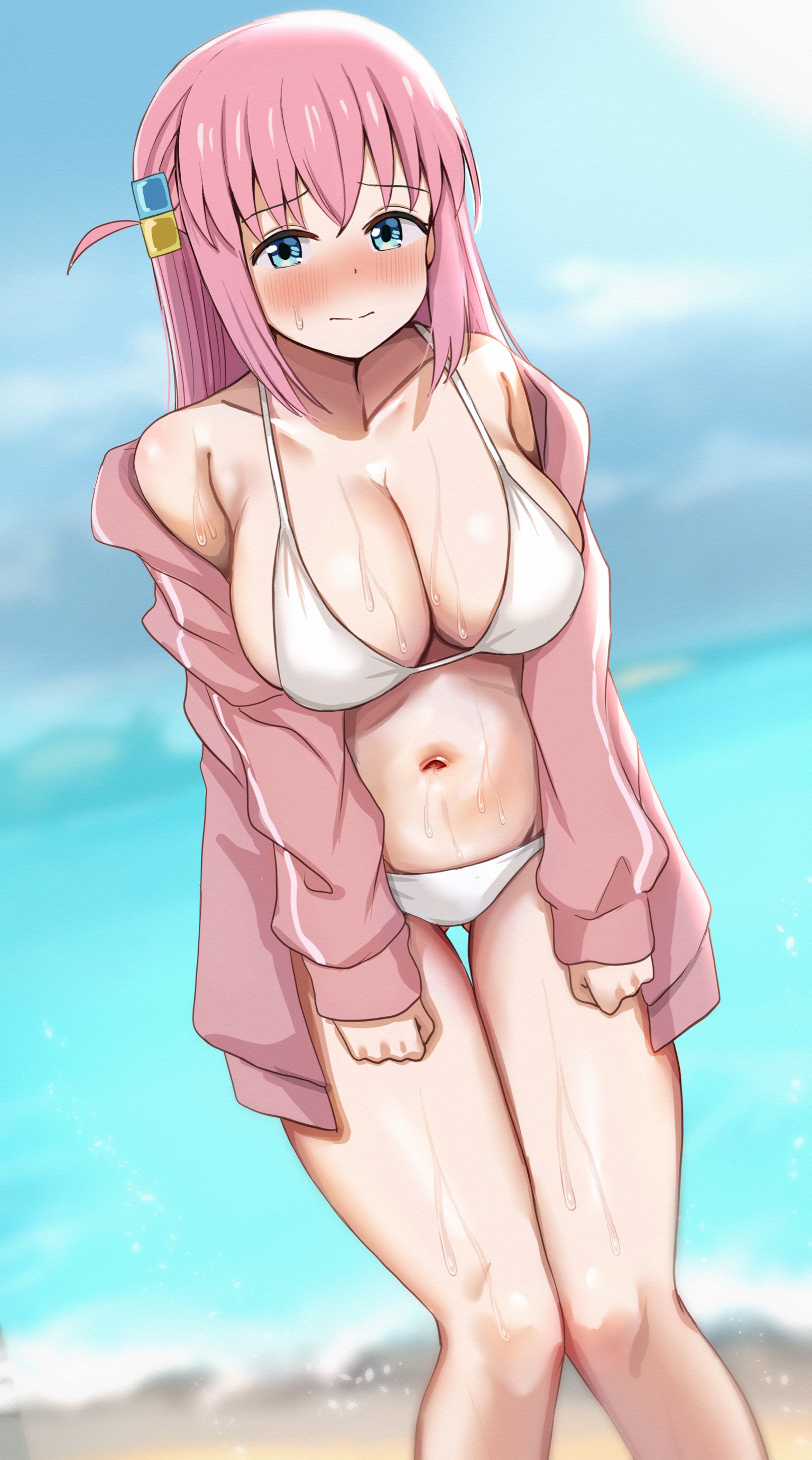 1girls, absurdres, aqua eyes, big breasts, bikini, blue eyes, blue sky, blurry, blurry background, blush, bocchi the rock!, breasts, busty, child bearing hips, cleavage, clenched hands, closed mouth, collarbone, commentary, cube hair ornament, day, female, female only, gluteal fold, gotou hitori, hair ornament, highres, jacket, large breasts, long hair, long sleeves, looking at viewer, navel, nootomo, one side up, open clothes, open jacket, outdoors, pink hair, pink jacket, sky, solo, standing, stomach, sweat, swimsuit, thigh gap, thighs, voluptuous, white bikini