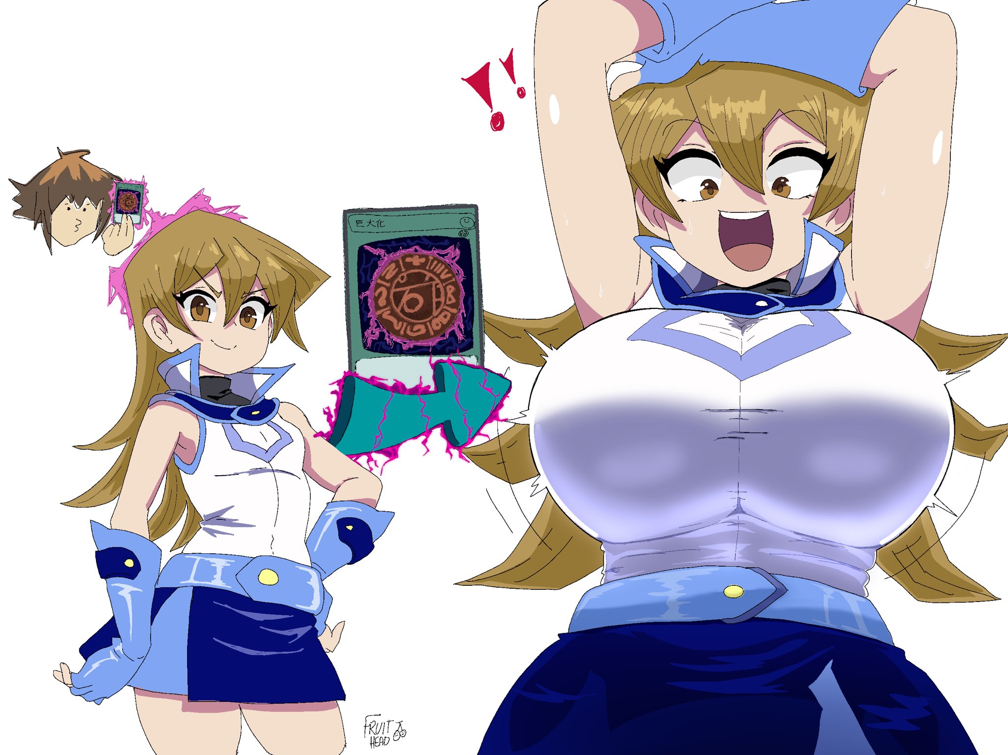 arms up, blonde hair, breast expansion, breast growth, breasts, female, fingerless gloves, fruitheadart, gloves, healerart, huge breasts, large breasts, open mouth, skirt, sleeveless, small breasts, smile, smug, surprised, surprised expression, tenjouin asuka, yu-gi-oh!, yu-gi-oh! gx