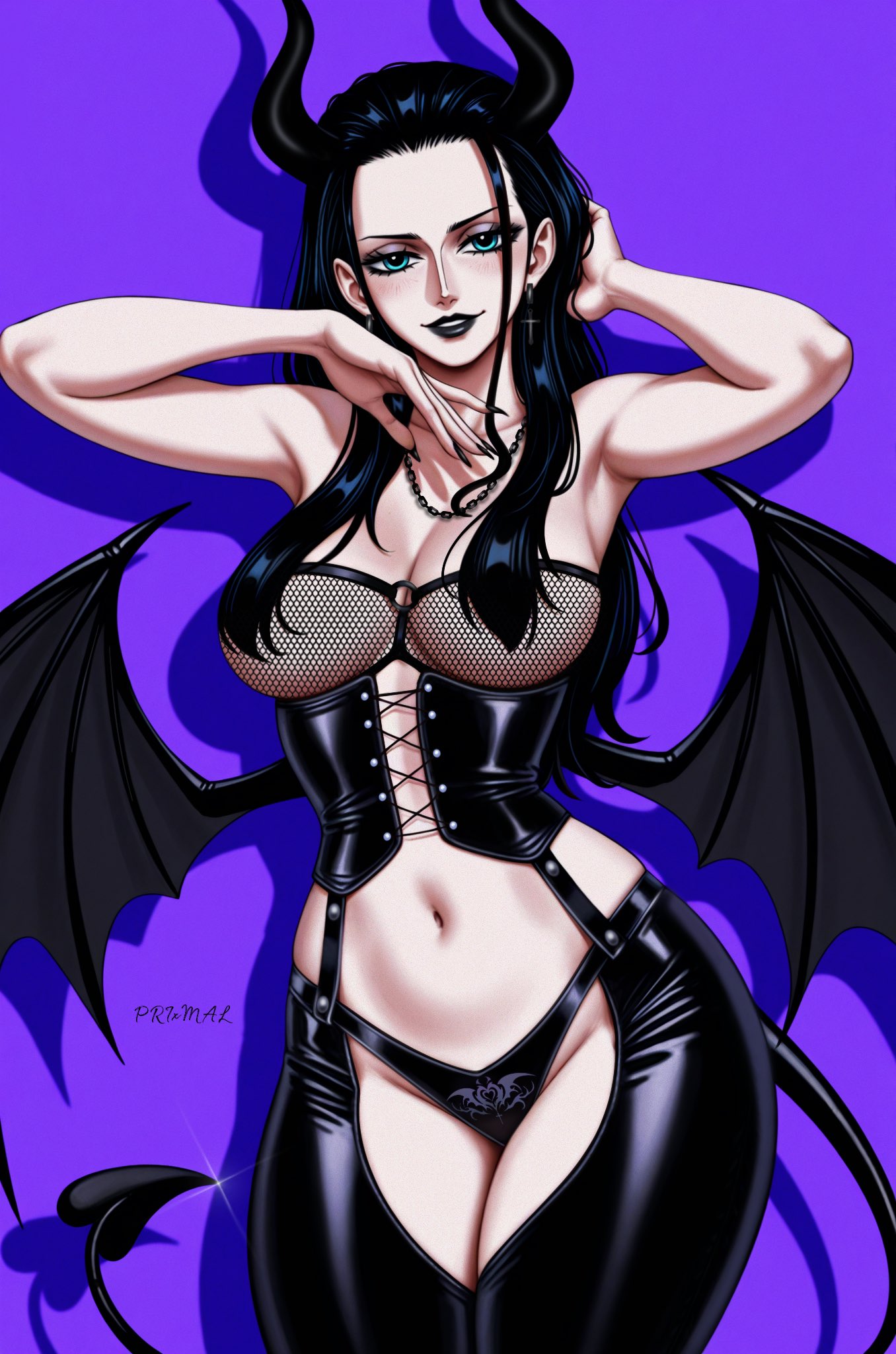 1girls, aqua eyes, artist signature, belly, belly button, black hair, black lips, black lipstick, black nails, black wings, black-haired female, breasts, corset, cyan eyes, ear, earrings, elbows, female, female focus, female only, fishnet bra, fishnets, high quality, hips, horns, latex, latex pants, long hair, nails, nails painted, necklace, nico robin, one piece, panties, prixmal, purple background, shadow, succubus, succubus horns, succubus tail, succubus tattoo, succubus wings, thighs