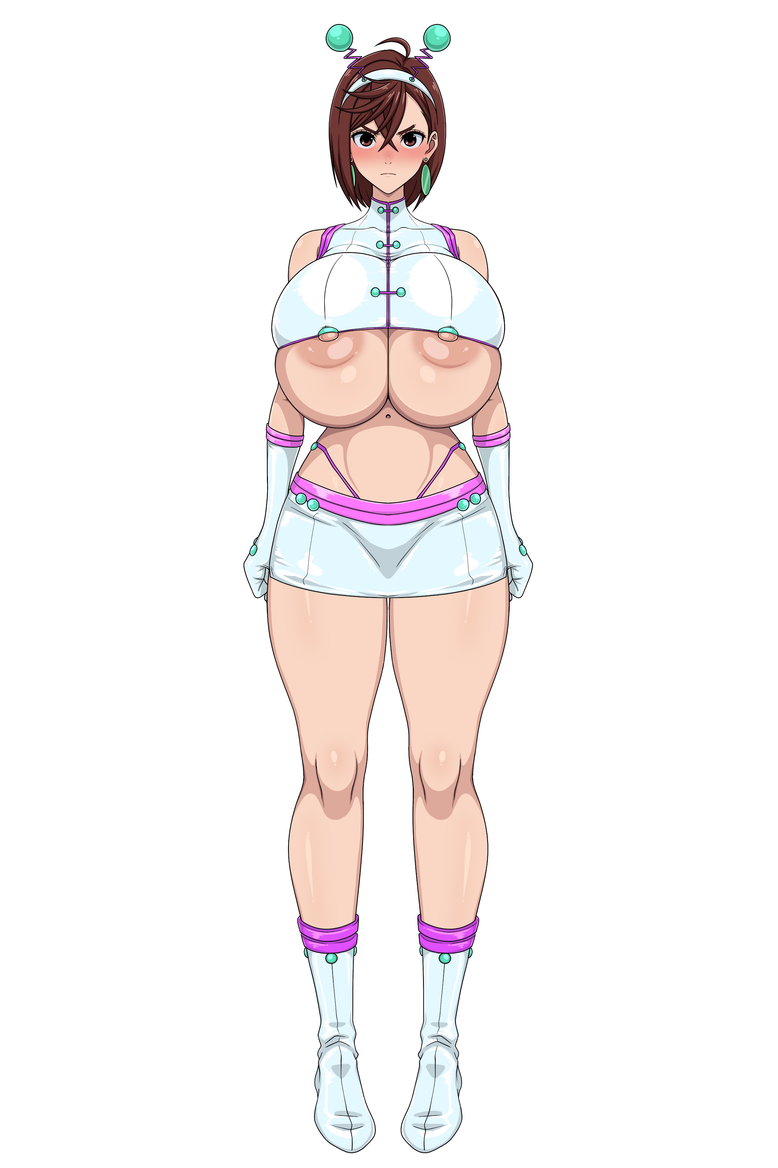 1girls, accessory, annoyed, annoyed expression, areola slip, areolae, ayase momo, barely clothed, belly button, big breasts, blue clothing, blush, blushing at viewer, boots, bra, breasts, breasts bigger than head, brown eyes, brown hair, cleavage, dandadan, earrings, embarrassed, exposed legs, female, female focus, female only, half naked, headband, headgear, headwear, high heels, huge breasts, irritated, large breasts, looking at viewer, miniskirt, mouth closed, navel, nipple slip, nipples visible through clothing, pink skirt, short hair, sihkygmojsn, simple background, skimpy clothes, solo, solo female, solo focus, standing, string panties, suprised, thick thighs, thighs, thong, tight clothing, underboob, white background, white boots, white clothing, white skirt, wide hips
