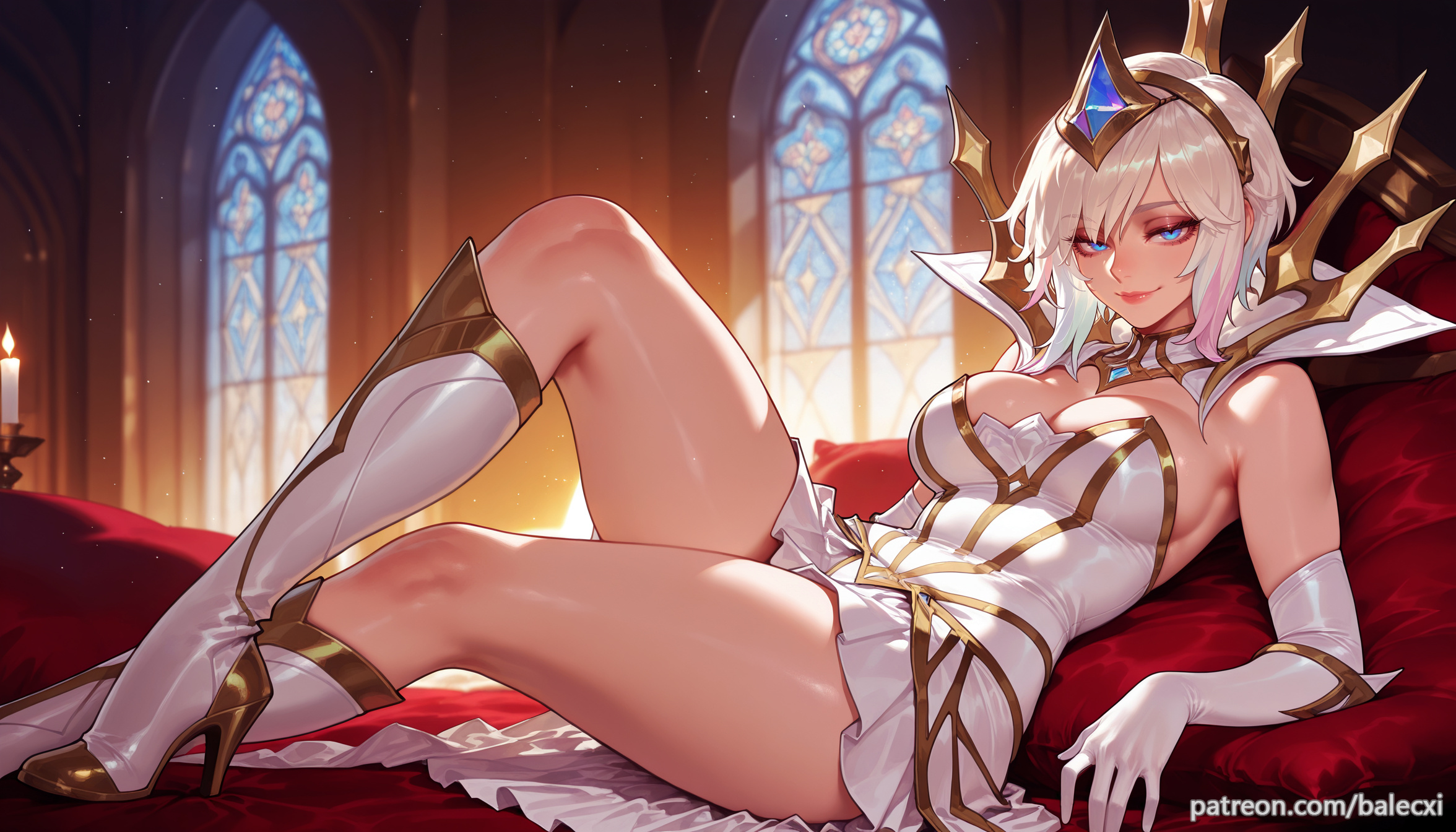ai generated, balecxi, blue eyes, boots, breasts, candle, cleavage, closed mouth, elbow gloves, elementalist lux, female, high heel boots, high heels, indoors, knee boots, large breasts, league of legends, looking at viewer, luxanna crownguard, lying, patreon username, short hair, smile, solo, thighs, white footwear, white gloves, white hair
