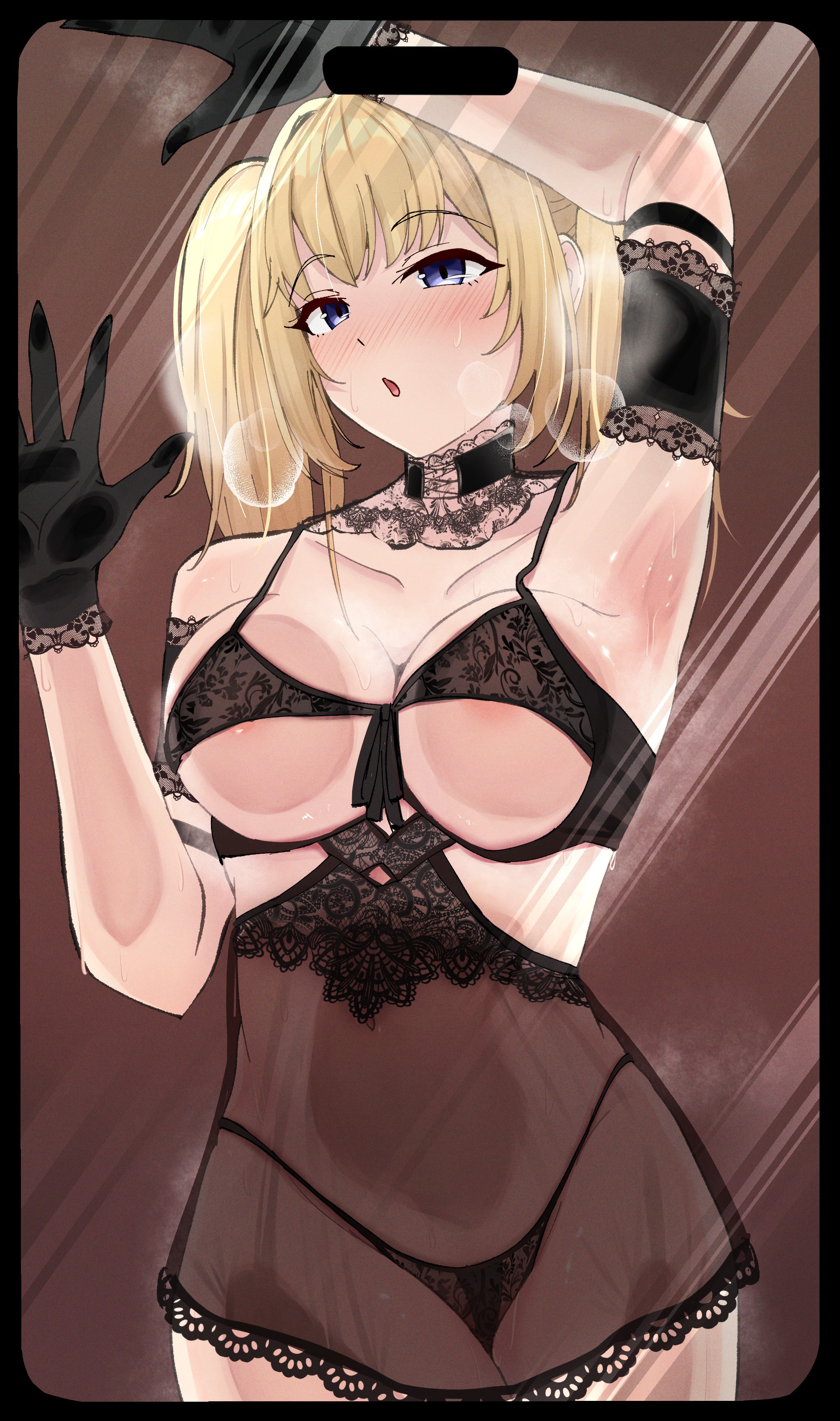 1girls, against glass, ani (twitter), ani (xai), armpits, blonde, blonde female, blonde hair, blonde hair female, blonde-haired female, boobs, breast press, breasts, breasts press, breasts pressed on glass, eyebrows visible through hair, female, grok, grok (x), grok (xai), hourglass figure, nyarumon, phone screen, pressed on glass, pressing breasts, tits, twitter, woman, x (social media)