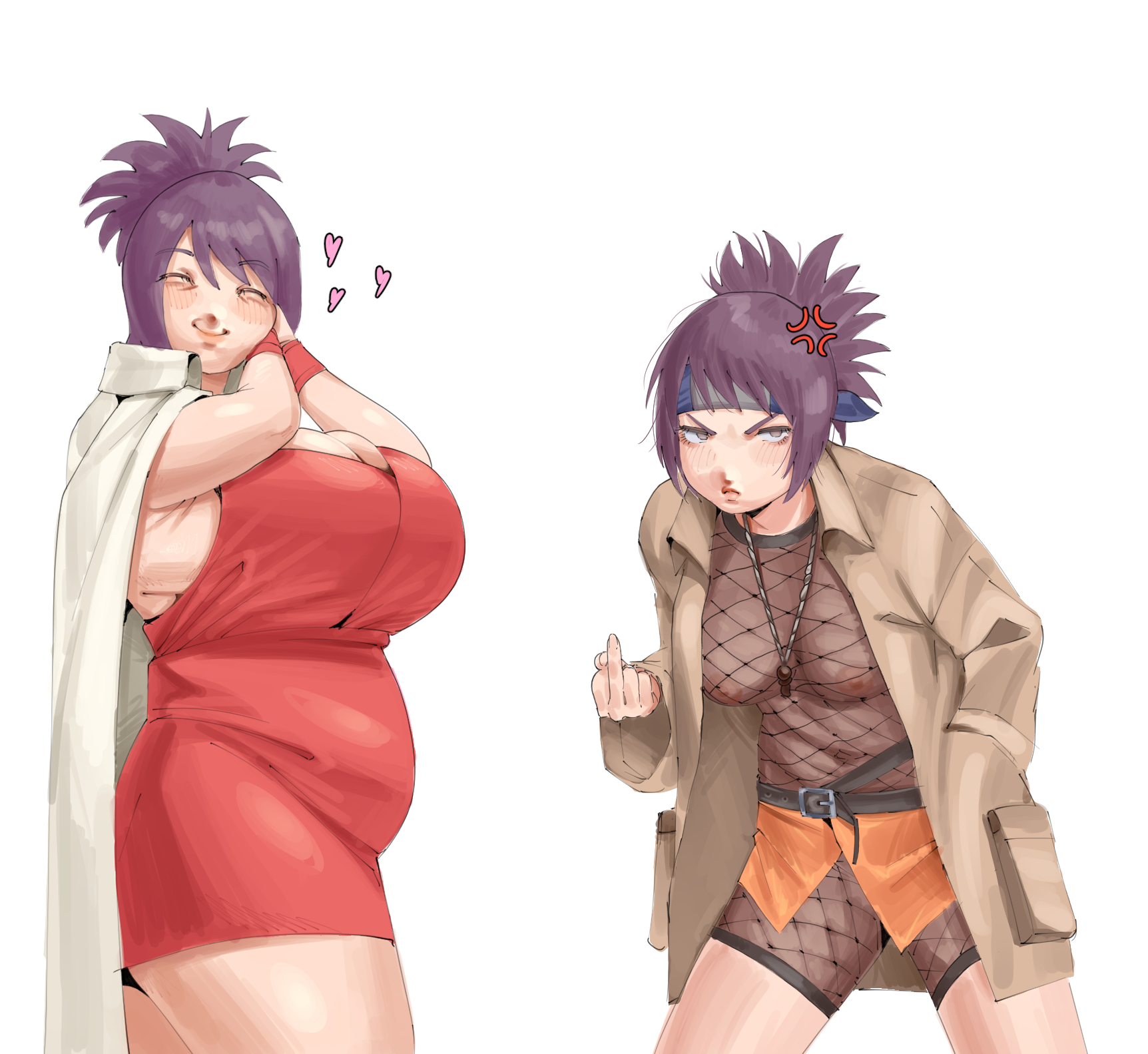 2girls, age progression, anger vein, before and after, belt, belt buckle, black belt, boruto: naruto next generations, breasts, brown coat, buckle, cape, closed mouth, coat, commentary, dress, english commentary, fishnet pantyhose, fishnet thighhighs, fishnets, frown, hand in pocket, heart, highres, huggytug, jewelry, large breasts, leaning forward, mature female, middle finger, mitarashi anko, mitarashi anko (chubby), multiple girls, naruto, naruto (classic), naruto (series), necklace, nipples, own hands together, pantyhose, plump, ponytail, purple eyes, purple hair, red dress, see-through clothes, simple background, smile, standing, thighhighs, white background, white cape