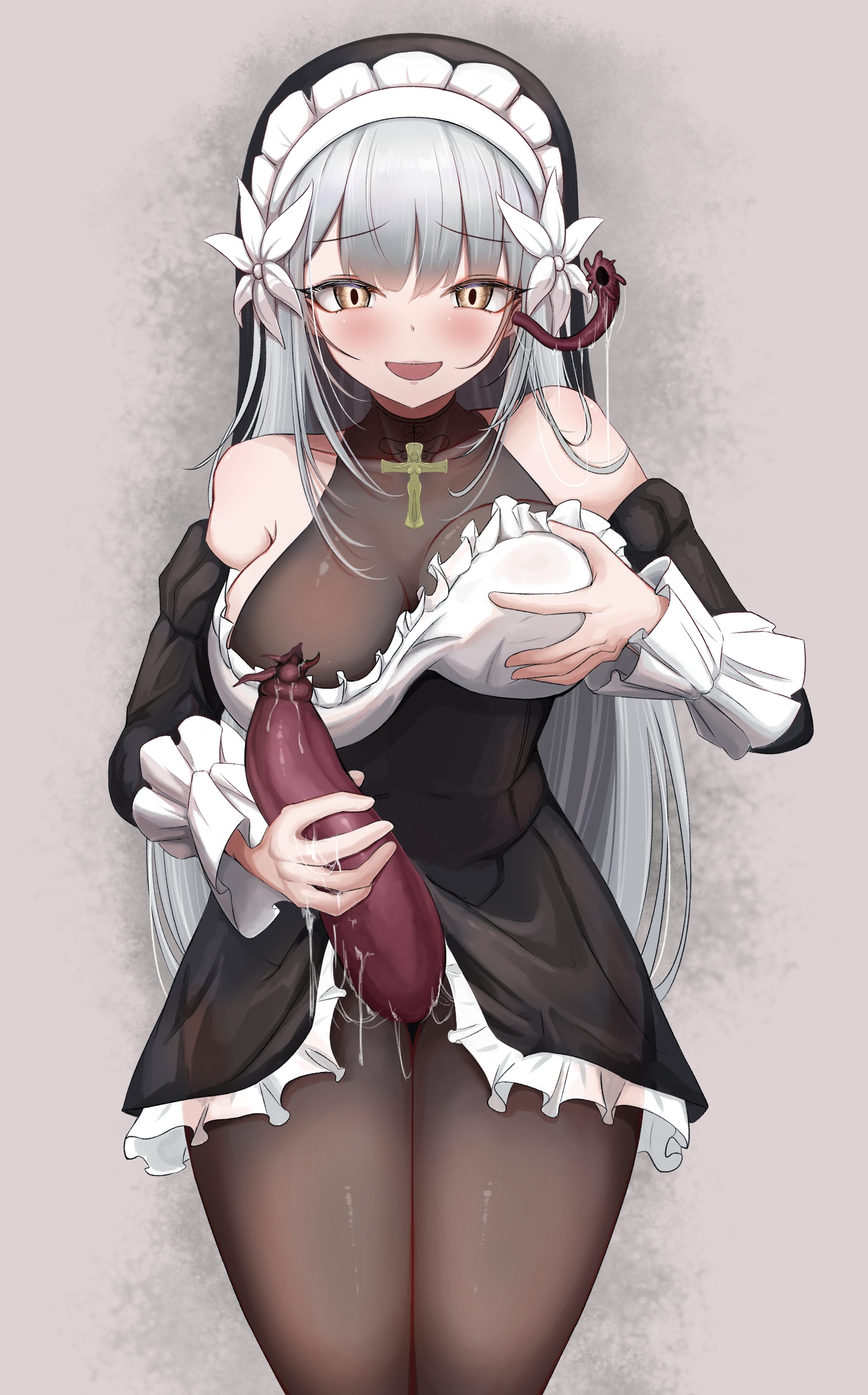 1futa, absurdres, black dress, black pantyhose, black skirt, black sleeves, blush, breasts, brown ribbon, bulge, covered nipples, cross, detached sleeves, dress, erection, erection under clothes, female, flower, futanari, grey background, grey hair, hair between eyes, hair flower, hair ornament, highres, holding, holding own breast, holding own penis, juliet sleeves, lactation, lactation through clothes, large breasts, lelia (sinisistar), long hair, long sleeves, looking at viewer, mole, mole on breast, mumi daohu, mumi-daohu, nervous, nipple stimulation, nun, open mouth, panties, pantyhose, pantyshot, parasite, parasitic penis, puffy sleeves, purple eyes, ribbon, short dress, shy, siblings, simple background, sinisistar, sinisistar2, sisters, skirt, smile, solo, staff, tentacle, thighhighs, underwear, white background, white flower