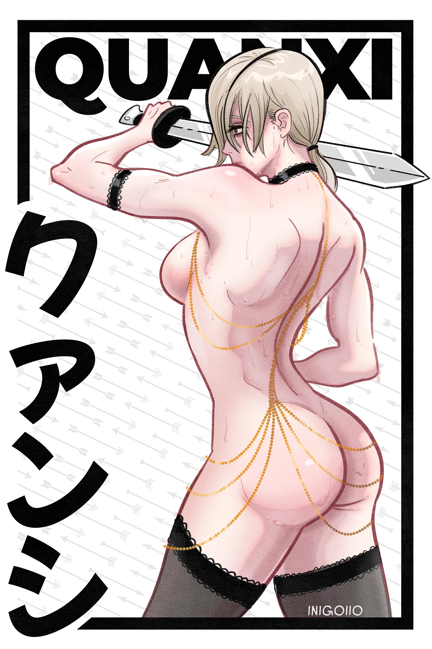 1girl, 1girls, ass, chainsaw man, completely naked, completely naked female, completely nude, completely nude female, female, female only, inigoiio, lesbian, muscles, muscular, muscular female, naked, naked female, nude, nude female, quanxi (chainsaw man), tagme, white hair