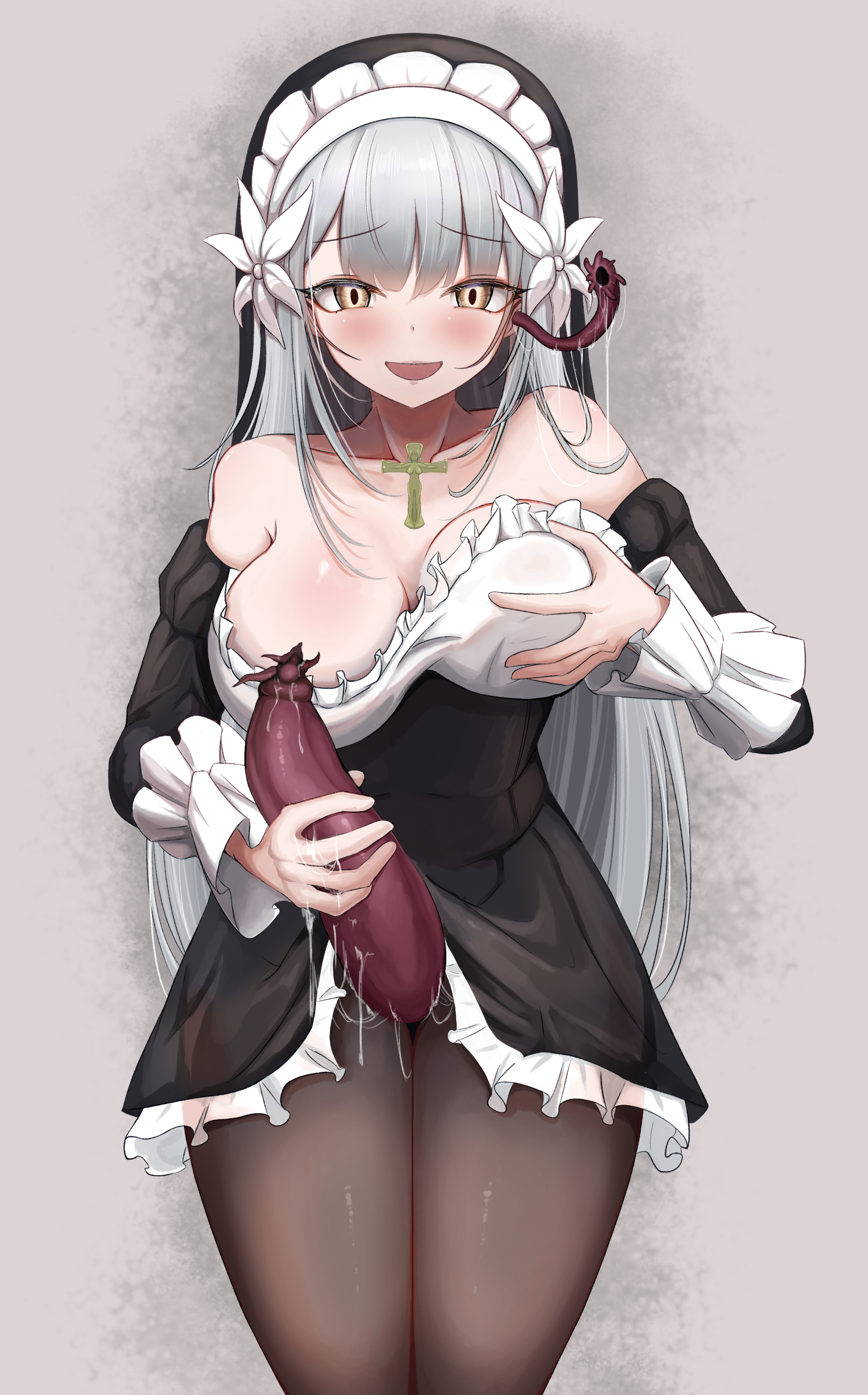 1futa, absurdres, black dress, black pantyhose, black skirt, black sleeves, blush, breasts, brown ribbon, bulge, covered nipples, cross, detached sleeves, dress, erection, erection under clothes, female, flower, futanari, grey background, grey hair, hair between eyes, hair flower, hair ornament, highres, holding, juliet sleeves, lactation, lactation through clothes, large breasts, lelia (sinisistar), long hair, long sleeves, looking at viewer, mole, mole on breast, mumi daohu, mumi-daohu, nervous, nipple stimulation, nun, open mouth, panties, pantyhose, pantyshot, parasite, parasitic penis, puffy sleeves, purple eyes, ribbon, short dress, shy, siblings, simple background, sinisistar, sinisistar2, sisters, skirt, smile, solo, staff, tentacle, thighhighs, underwear, white background, white flower