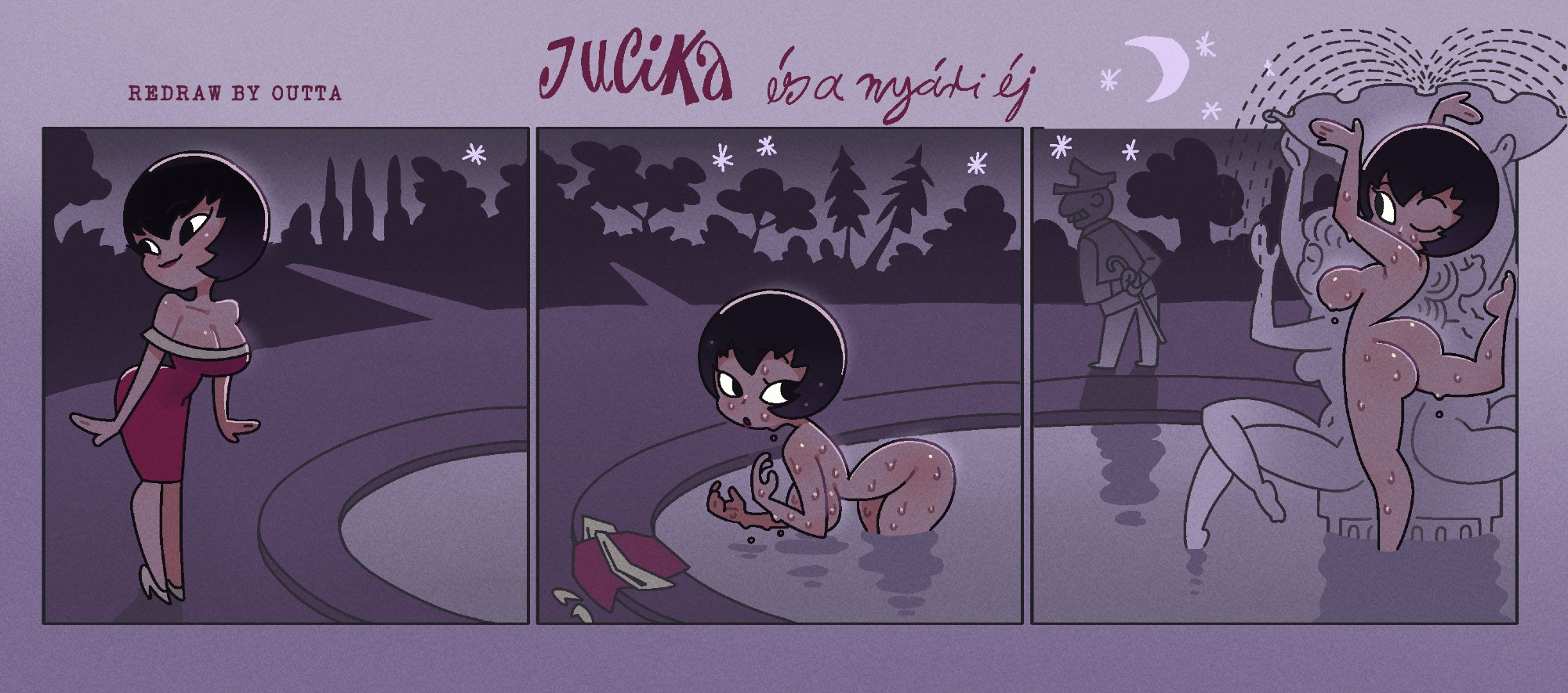 2026, almost caught, barefoot, bathing, canonical scene, clothing, completely nude, female, fountain, human, jucika, jucika (comic), male, nearly caught, nonsexual, nonsexual nudity, outtaoutta, pale skin, public, public bathing, scene interpretation, stealth, undressing