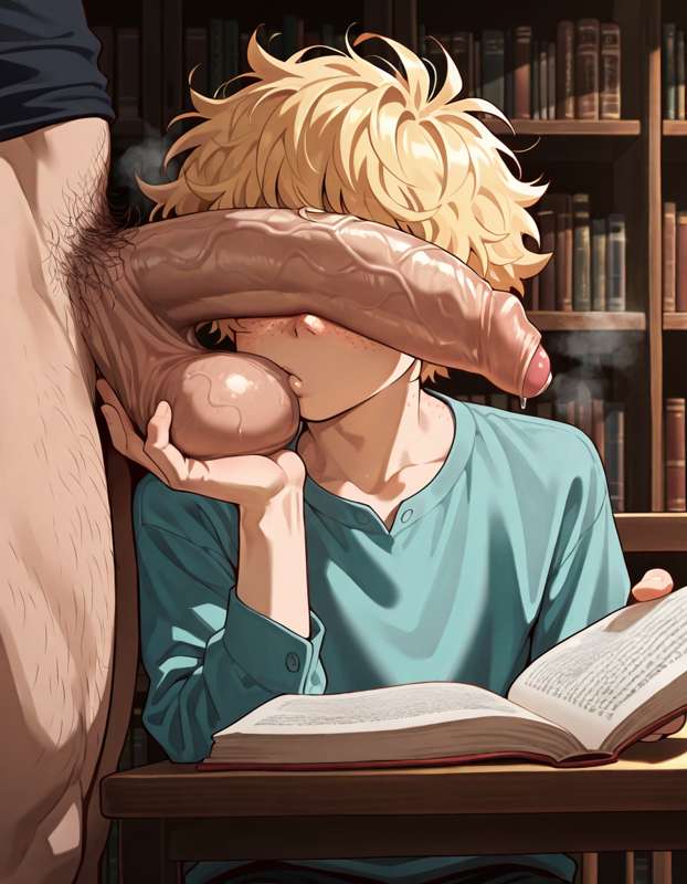 2boys, ai generated, artificial boys ai, balls, big penis, bigger male, blonde hair, blonde male, blonde-haired male, boys, cock, cock worship, cupping balls, cute, cute male, distracted, distracting, dripping, eyes covered, faceless male, fluffy, fluffy hair, freckles, freckles on face, gay, hair, hairy legs, heavy balls, homosexual, huge cock, kissing, kissing balls, library, light skin, light-skinned male, muscular, muscular male, muscular thighs, musky, musky cock, open book, pantsless, penis covering eyes, penis dripping, pubic hair, servicing from below, shirt only, sitting, sitting on chair, size difference, smaller male, steam, thick penis, twink, veins, veiny penis, yaoi