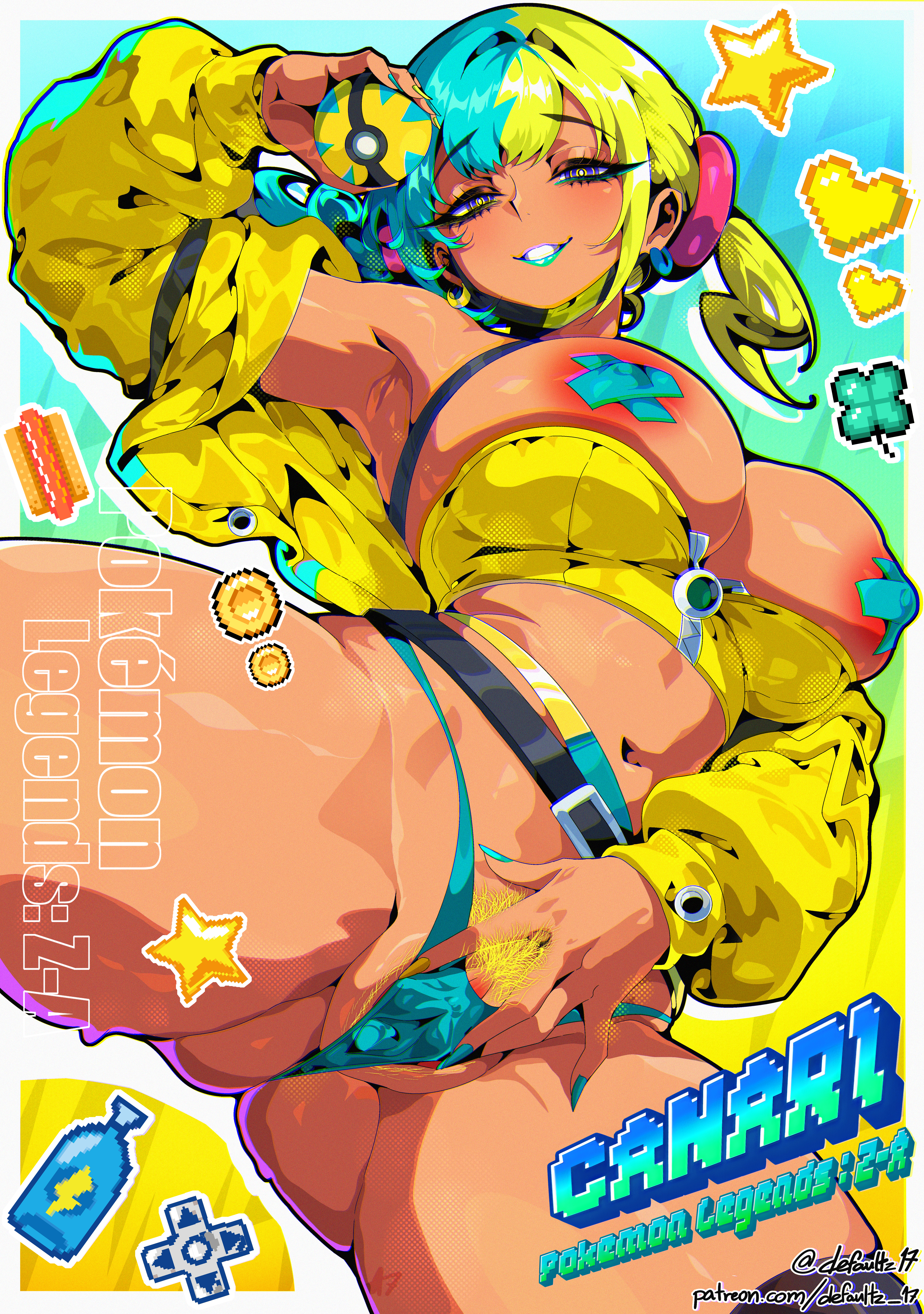 1girls, absurdres, aqua lipstick, areola slip, blonde hair, blue nails, blush, breasts, cameltoe, canari (pokemon), canary (pokemon), clitoris, colored pubic hair, commentary, covered anus, covered clitoris, covered erect nipples, covered pussy, defaultz, female, female pubic hair, green lipstick, hair ornament, highres, jacket, large breasts, lipstick, long sleeves, looking at viewer, multicolored hair, nail polish, navel, nintendo, open clothes, open jacket, open mouth, paid reward available, panties, partially visible vulva, pokeball, pokemon, pokemon legends: z-a, presenting, presenting pussy, pubic hair, pussy, quick ball, skin tight, smile, solo, spread legs, spread pussy, spread pussy under clothes, spreading own pussy, thighs, through clothes, two-tone hair, underboob, underwear, yellow nails