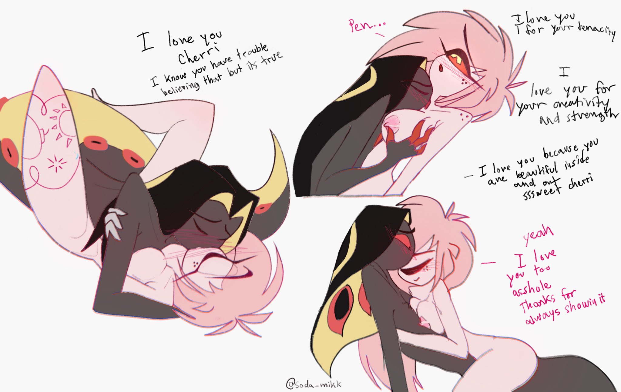 1boy, 1girls, 2024, 2d, ambiguous penetration, blush, blush lines, breasts, cherri bomb, cherri bomb (hazbin hotel), color, completely naked, completely naked female, completely naked male, completely nude, completely nude female, completely nude male, compliment, complimenting partner, cyclops, dialogue, english, english dialogue, english text, female, freckles, freckles on face, freckles on shoulders, hazbin hotel, kiss on lips, kissing, kissing while penetrated, kissing while penetrating, licking neck, missionary, missionary position, missionary sex, naked, naked female, naked male, nipples, nude, nude female, nude male, plain background, praise, praising, sex, sir pentious, sir pentious (hazbin hotel), snake, soda mikk, text, vivienne medrano, watermark, white background, wholesome, wholesome sex