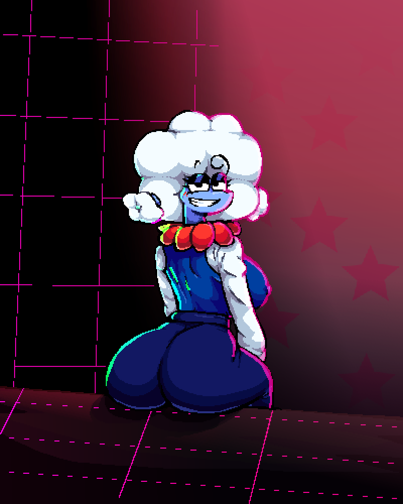 air_creature ass back_view big_ass big_breasts clothing cloud elemental_creature elnina_(deltarune) female hiding humanoid pixel_art smile smiley_face