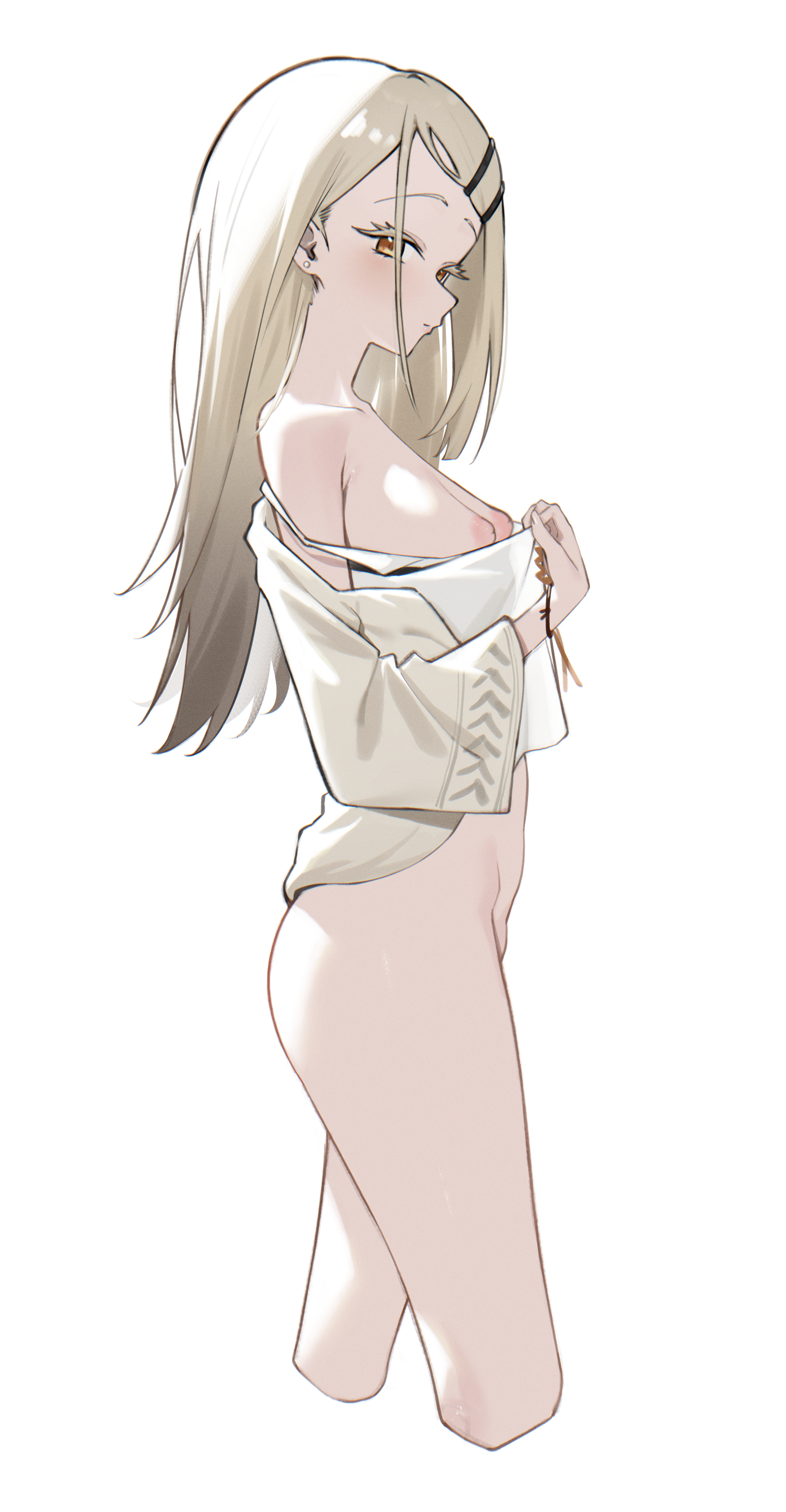 1girls, amber eyes, areolae, bare shoulders, breasts, breasts out, cream hair, curves, dongye1551, earrings, exposed breasts, female, female only, highres, idolmaster, inverted nipples, light skin, light-skinned female, lips, long hair, looking at viewer, nipples, no bra, off shoulder, orange eyes, presenting breasts, pubic mound, shinosawa hiro, small breasts, solo, standing, stud earrings, thighs, white background, white eyebrows, white hair, yellow eyes
