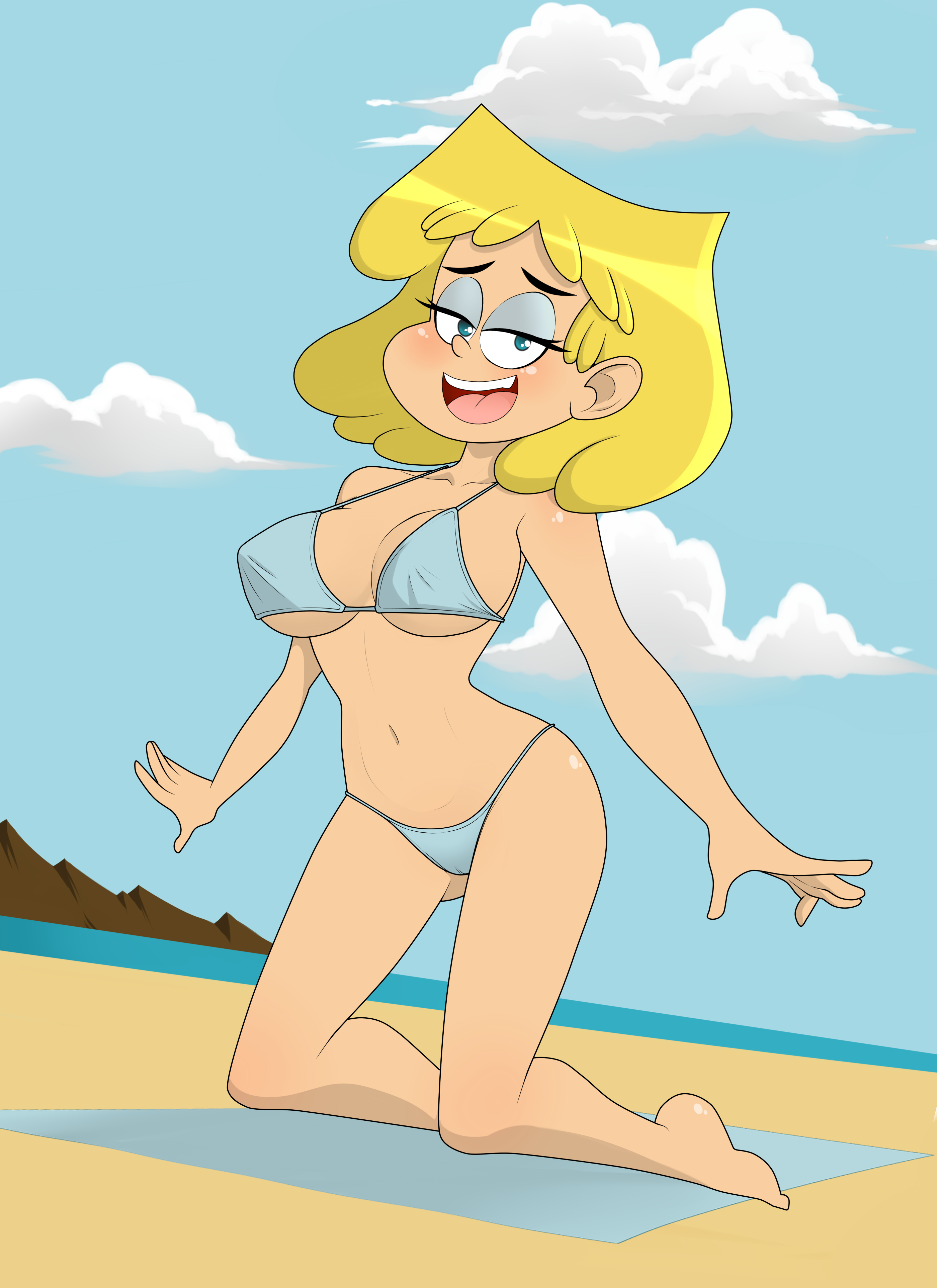 beach, bikini, blonde hair, clothed, female, lori loud, navel, rodjim, solo, sunbathing, swimsuit, the loud house, towel