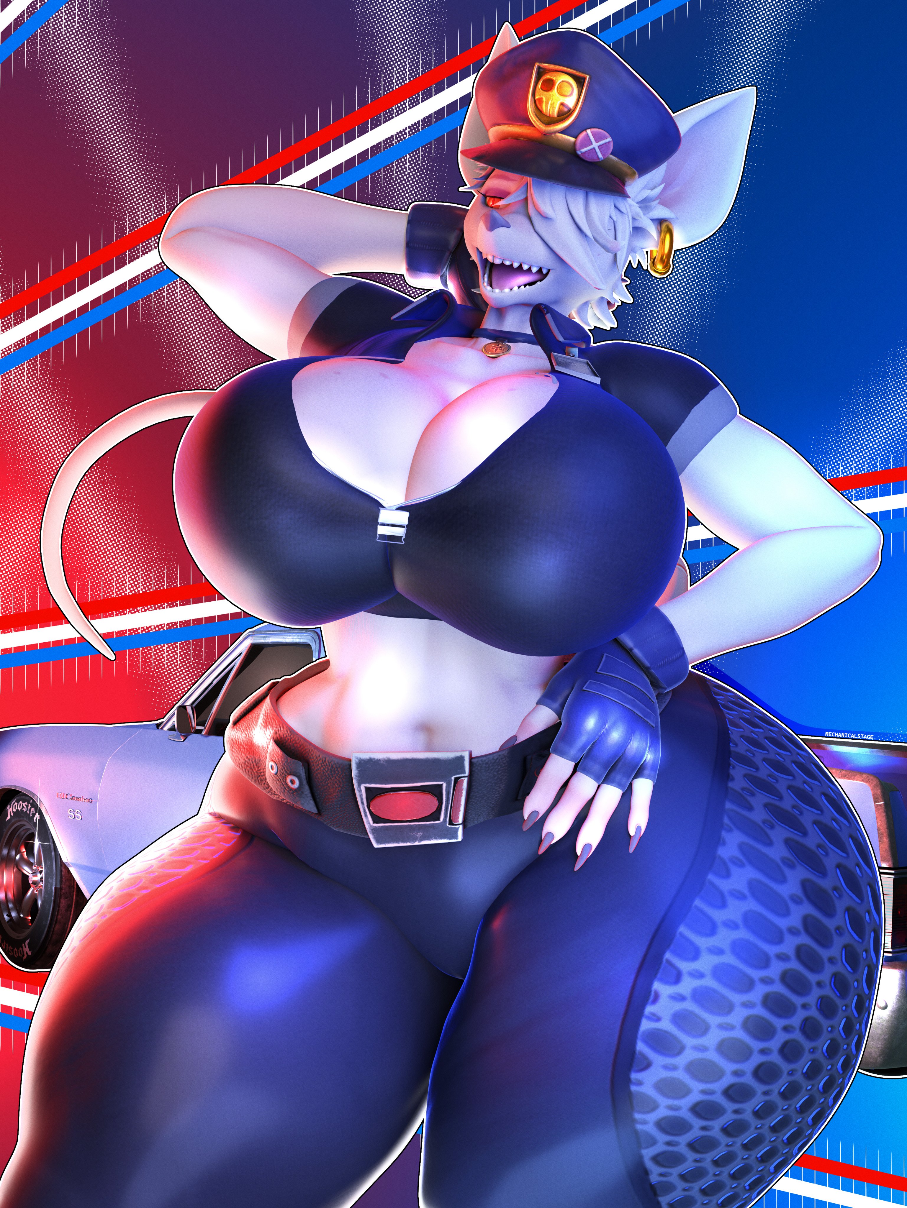 1girls, big breasts, huge thighs, looking at viewer, mechanicalstage, officer flint, officer flint (foretbwat), thick thighs