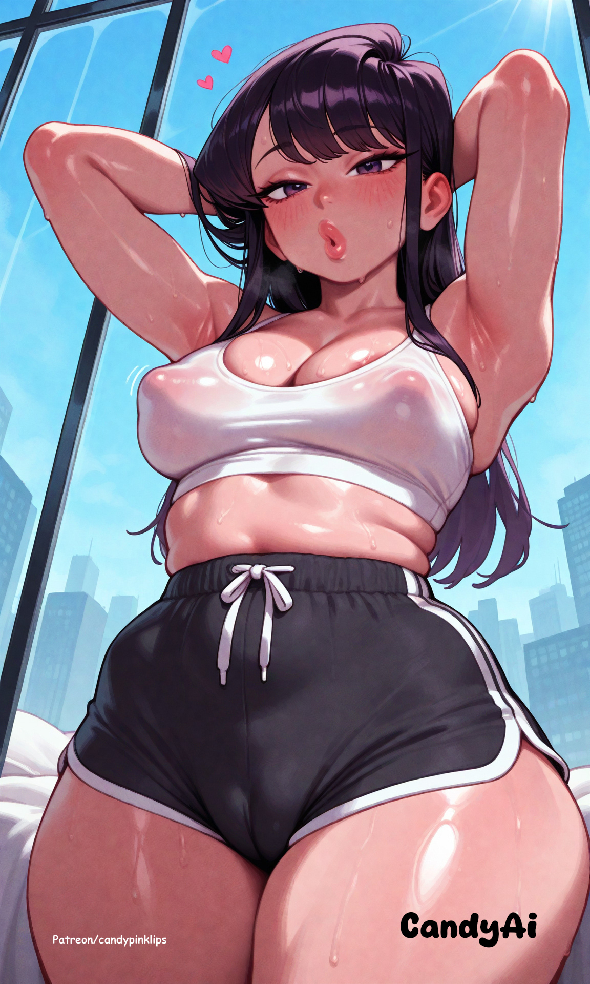 ai generated, arms behind head, bed, bedroom, black shorts, blue sky, cameltoe, candypinklips, dolphin shorts, erect nipples under clothes, komi can't communicate, komi shouko, komi-san wa komyushou desu, long hair, medium breasts, puckered lips, purple eyes, purple hair, standing, thick legs, thick thighs, watermark, white crop top, window