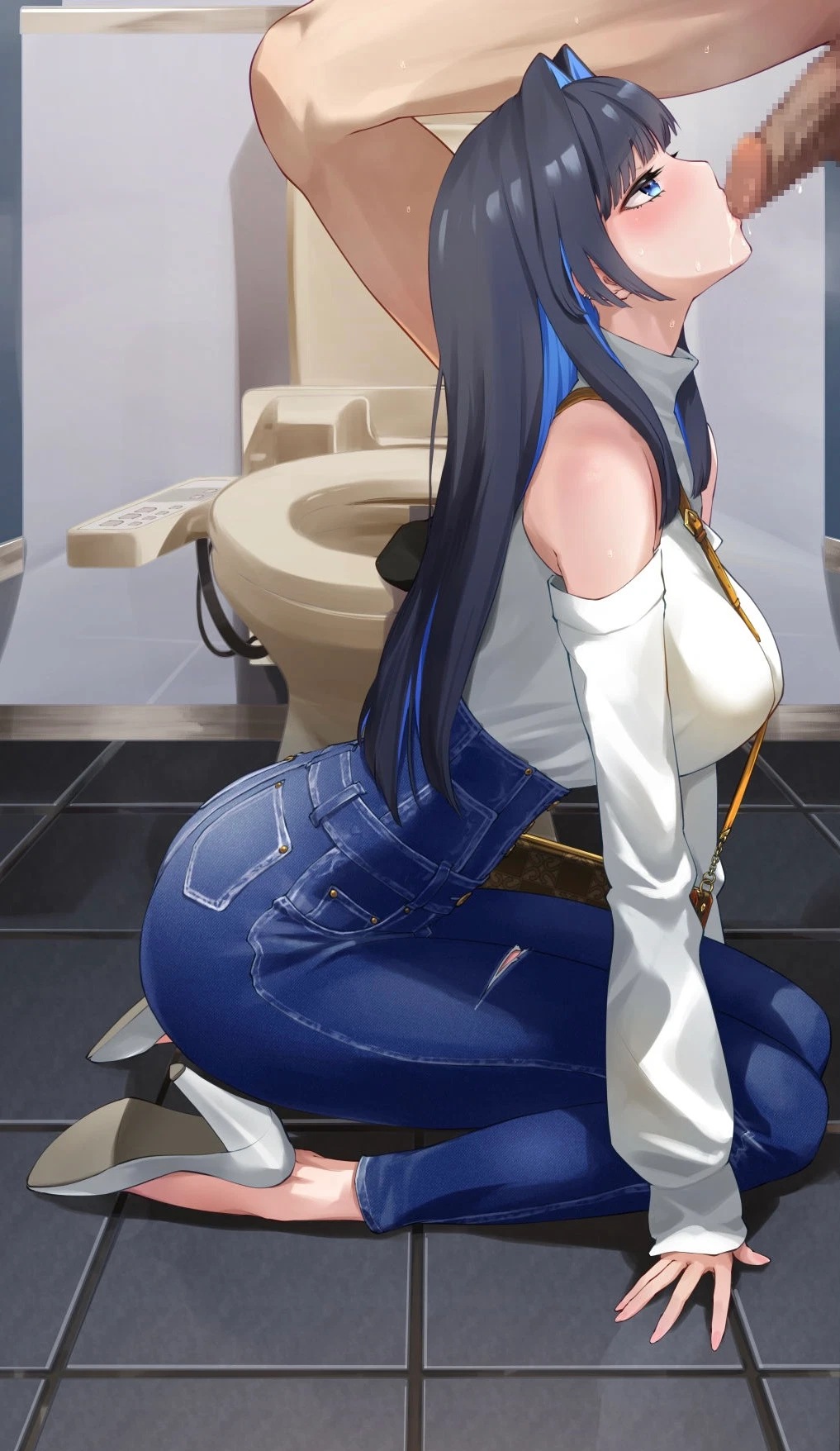1boy, 1girls, bathroom, big breasts, black hair, blue eyes, blue hair, blue pants, blush, breasts, censored, denim, drinking urine, fellatio, female, gulping, hair intakes, high heels, high-waist pants, highres, hololive, hololive english, hololive english -council-, hololive english -promise-, human urinal, humiliated, humiliating, humiliation, inukai mofu, jeans, kissing penis, kneeling, kneeling oral position, large breasts, long hair, long sleeves, looking at another, looking up, male, multicolored hair, official alternate hair length, official alternate hairstyle, on knees, oral, ouro kronii, pants, pee drink, peeing, peeing in mouth, penis, shirt, shirt tucked in, sitting, solo focus, straight, straight hair, tile floor, tiles, toilet, turtleneck, two-tone hair, urinating, urinating male, urination, urine, urine drinking, virtual youtuber, wariza, watersports, white shirt