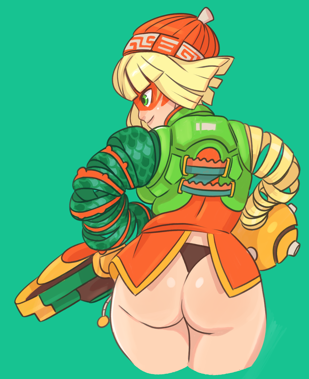 1girls, arms (game), ass, beanie, blonde hair, female, green eyes, hand on hip, min min (arms), nintendo, smile, teenager, thong
