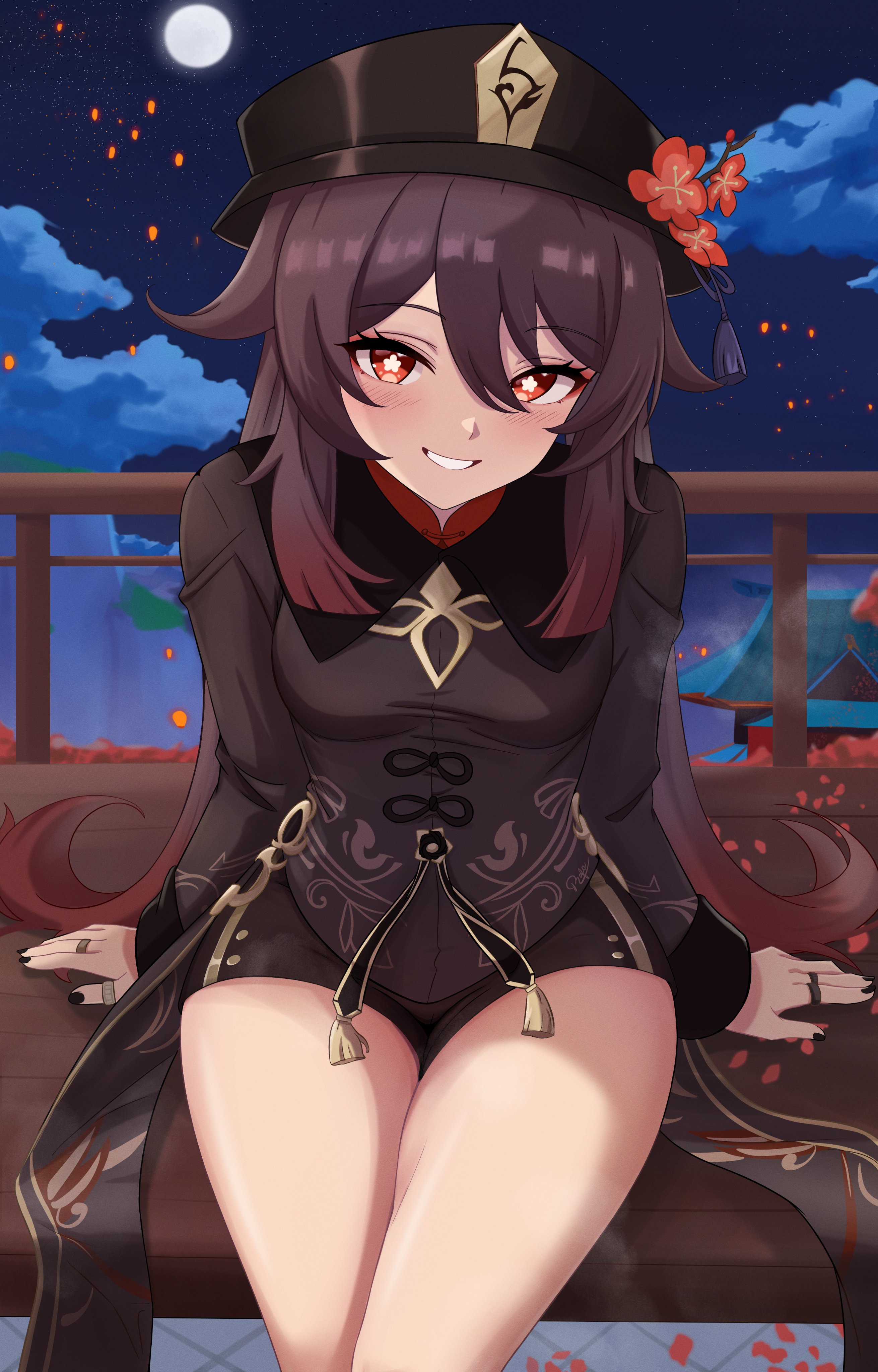 1girls, absurdres, arm support, black choker, black hat, black nails, black shorts, breasts, brown hair, choker, cloud, commentary, english commentary, female, female only, flower-shaped pupils, full moon, genshin impact, grin, hat, highres, hu tao (genshin impact), long sleeves, looking at viewer, moon, night, red eyes, short shorts, shorts, sitting, small breasts, smile, solo, string rafart, symbol-shaped pupils, thighs