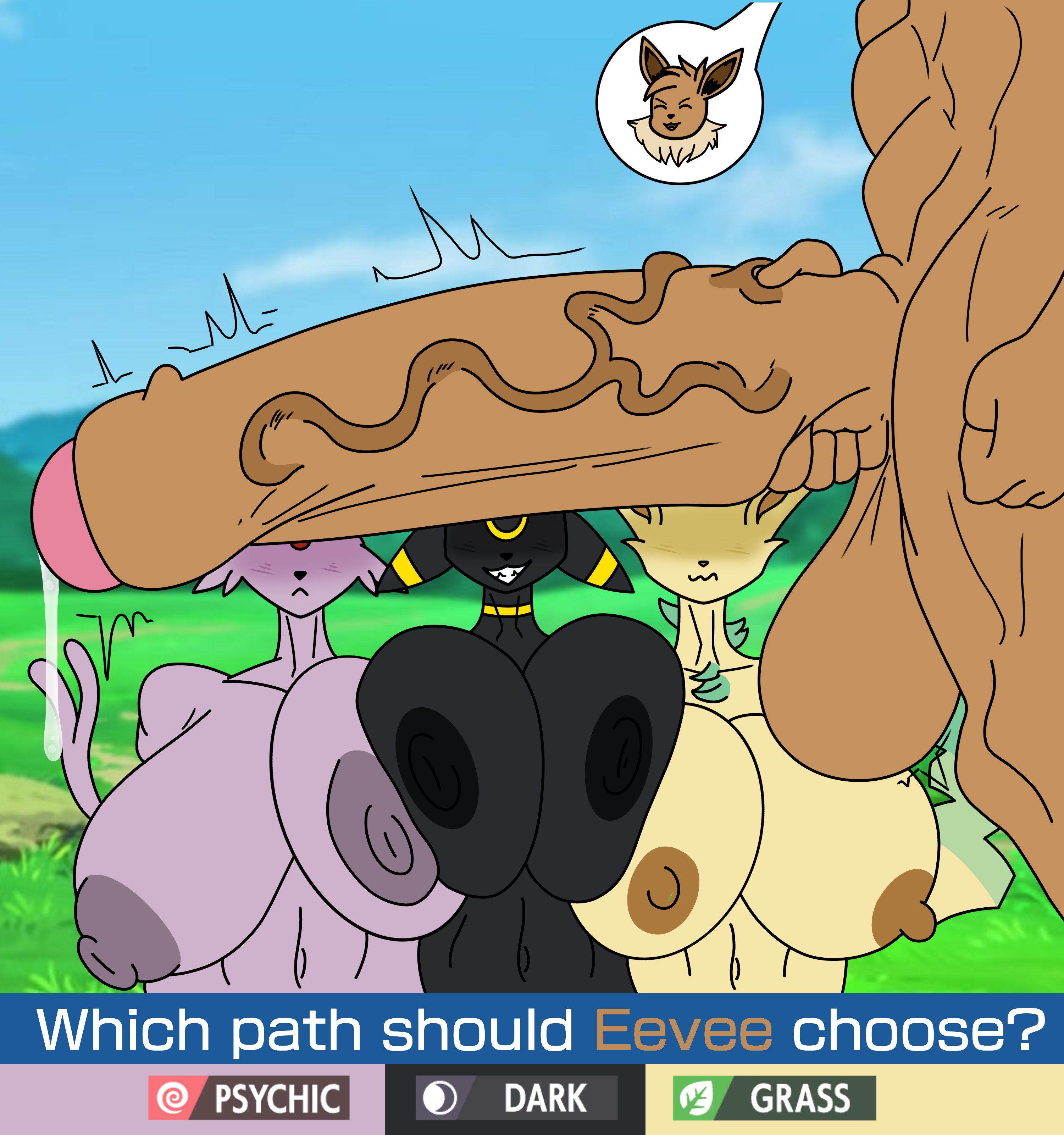 1boy, 3girls, big breasts, black fur, brown fur, edit, edited, eevee, eeveelution, espeon, grinning, hyper, hyper penis, komi edits, leafeon, nintendo, pink fur, pokemon, pokemon (species), smiling, tail, tasteofchoklit (edit), text, umbreon, yellow fur