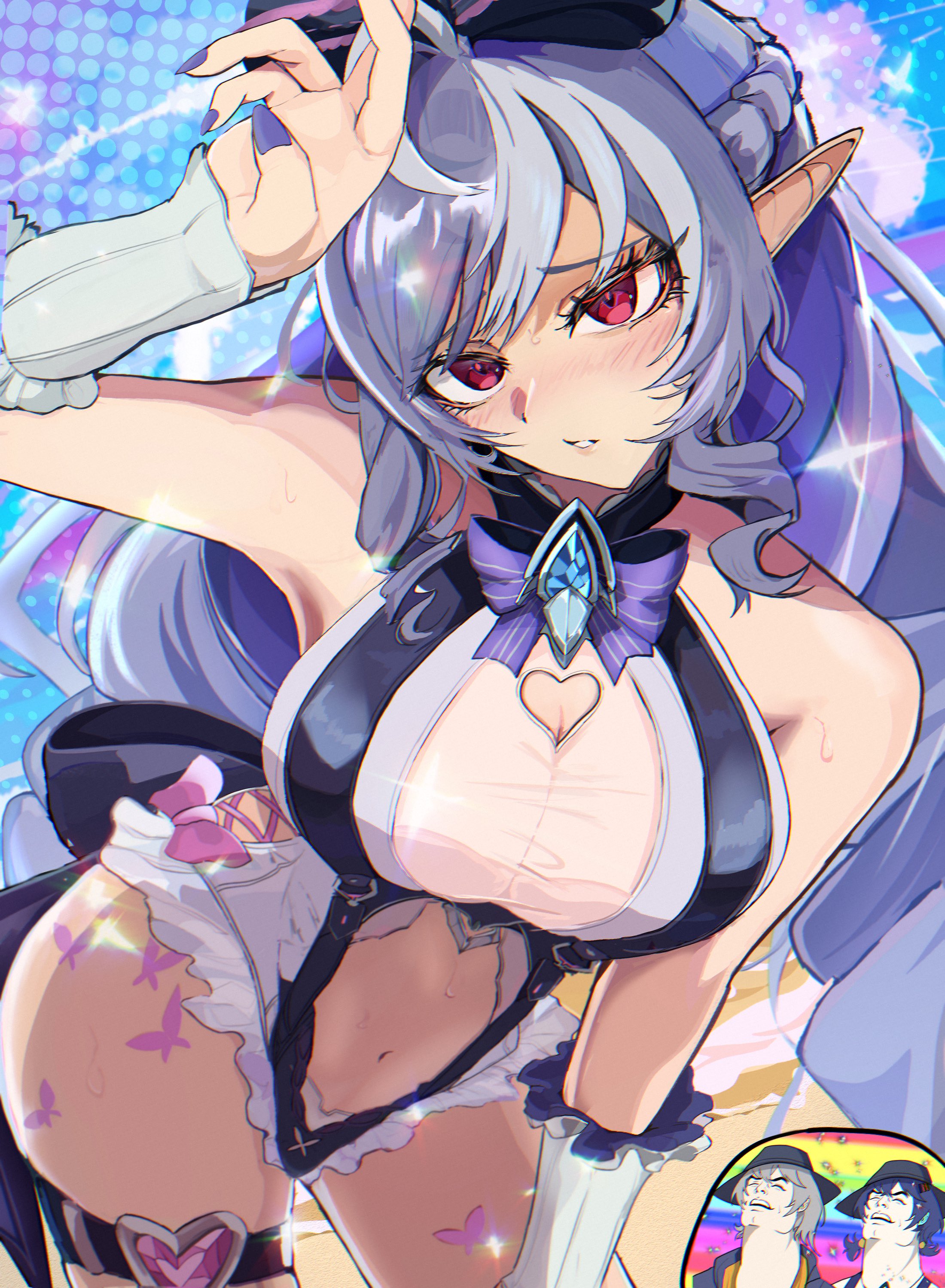 1boy, 1girls, 2girls, absurdres, arm up, armpits, bare shoulders, beach, belle (summer skies) (zenless zone zero), belle (zenless zone zero), blush, bow, breasts, butterfly tattoo, clothing cutout, colored nails, cowboy shot, detached sleeves, fabulous secret powers (meme), fingernails, frilled one-piece swimsuit, frills, hairbow, hashtag-only commentary, heart cutout, highres, long fingernails, long hair, meme, multicolored hair, multiple girls, navel, official alternate costume, one-piece swimsuit, painted nails, pointy ears, polka dot, polka dot background, purple bow, purple hair, purple nails, red eyes, streaked hair, sweat, swimsuit, tattoo, two-tone hair, two-tone one-piece swimsuit, vivian banshee, vivian banshee (iris of the shore), what, wise (peaceful waves) (zenless zone zero), wise (zenless zone zero), yama kabosu, zenless zone zero