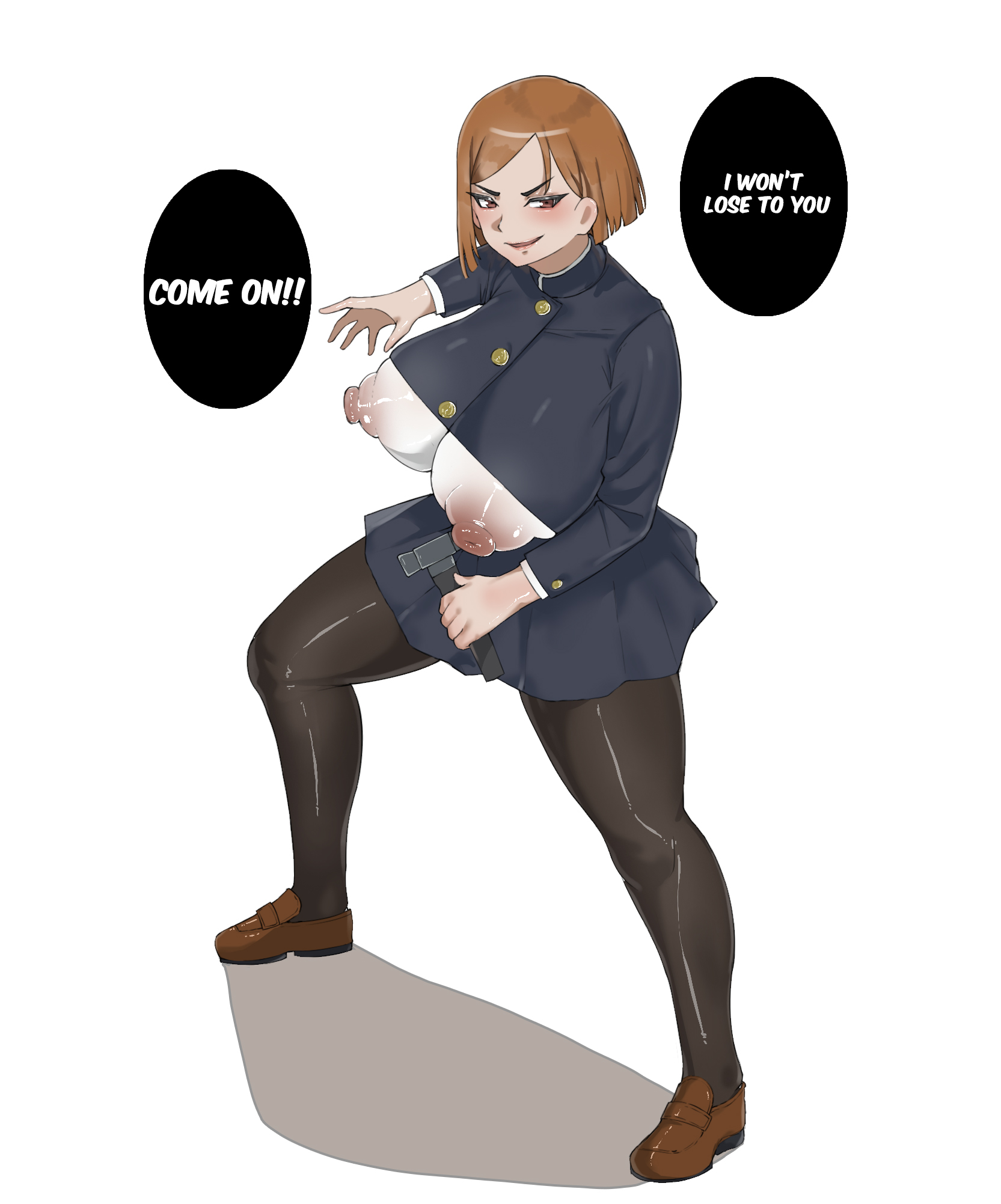 1girls, alternate breast size, big breasts, english text, event13, female, female only, jujutsu kaisen, kugisaki nobara, large breasts, nipple bulge, nipples, nobara kugisaki, see-through, solo, text, thick ass, thick thighs, through clothes, through clothing, uniform