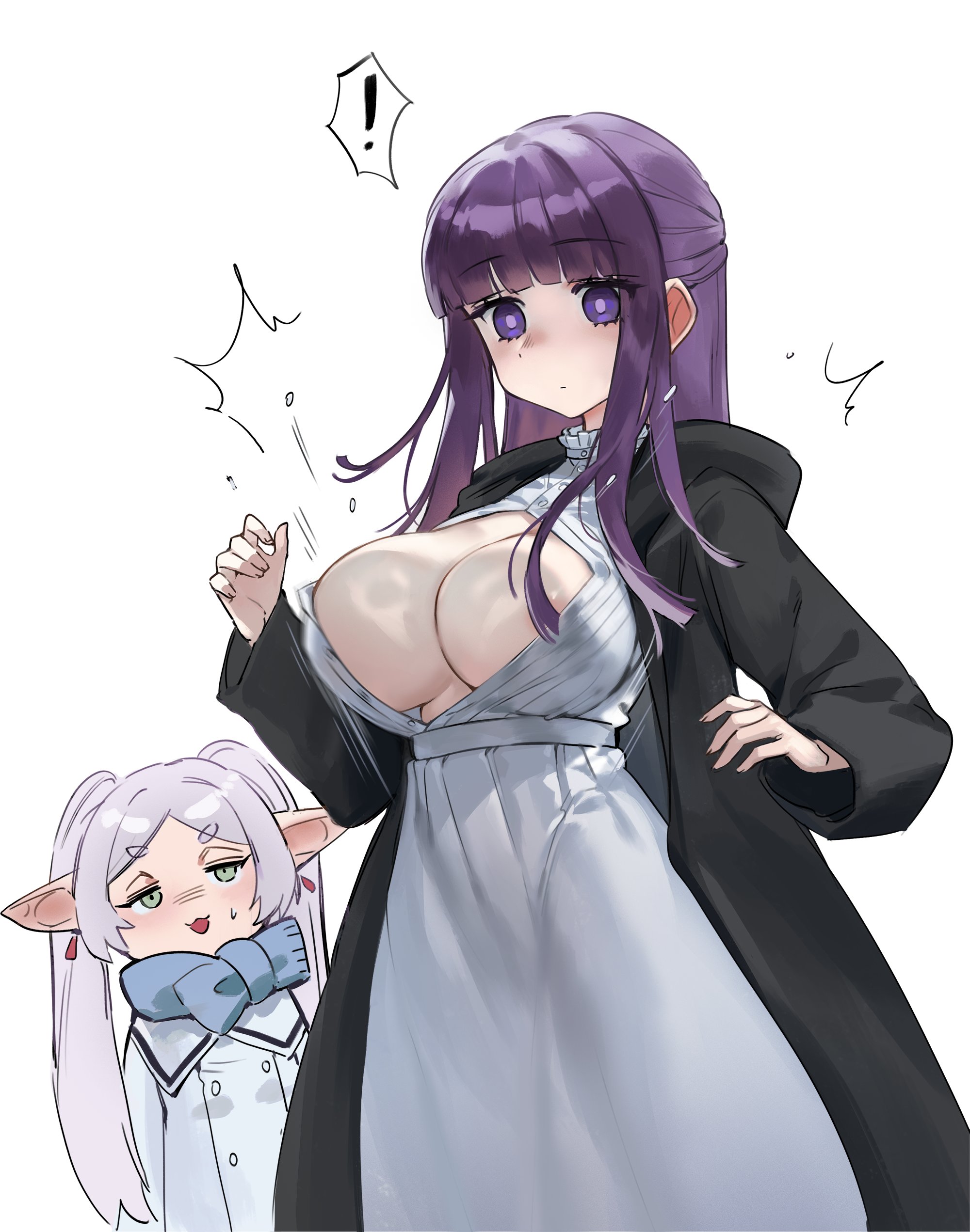 !, 2girls, absurdres, areola slip, black coat, blue scarf, blunt bangs, breasts, bursting breasts, chibi, coat, collar, commentary, dress, earrings, elf, female, female only, fern (sousou no frieren), flying button, foolish potato, frieren, frilled collar, frills, green eyes, grey hair, hair censor, highres, hood, hooded coat, inconvenient boobs, inconvenient breasts, jewelry, large breasts, long dress, long hair, long sleeves, looking at own breasts, looking at viewer, looking down at breasts, looking down at self, multiple girls, open mouth, parted bangs, pointy ears, purple eyes, purple hair, purple pupils, scarf, short eyebrows, sidelocks, simple background, solo focus, sousou no frieren, spoken exclamation mark, straight hair, sweatdrop, symbol-only commentary, twintails, wardrobe malfunction, white background, white coat, white dress, winter clothes, winter coat