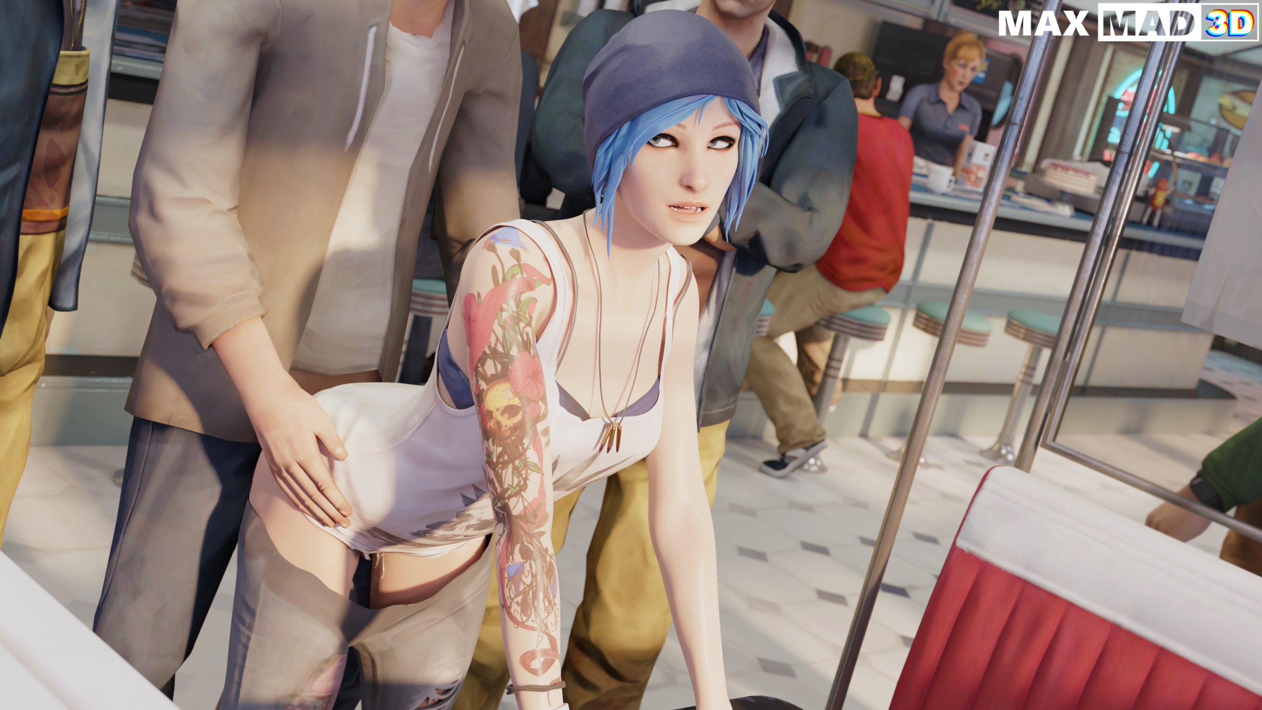 1girls, 3d, bent over, blue eyes, blue hair, chloe price, clothed, female, joyce price, life is strange, looking back, male, maxmadsfm, pants down, public, public sex, public use, straight, tattoo