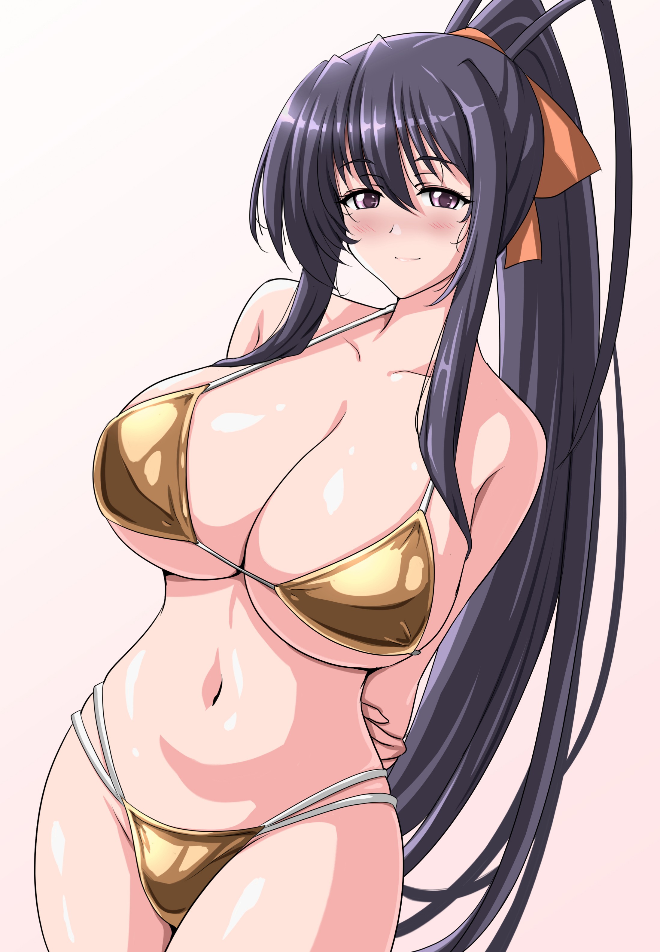 absurdres, akeno himejima, antenna hair, arms behind back, bikini, black hair, blush, blush lines, breasts, cleavage, closed mouth, collarbone, commentary request, female, gold bikini, gold swimsuit, gold swimwear, golden bikini, golden swimsuit, golden swimwear, hair ribbon, hair up, hand on own arm, high ponytail, high school dxd, highres, himejima akeno, large breasts, long hair, looking at viewer, navel, ponytail, purple eyes, ribbon, sidelocks, silky hair, simple background, solo, steam erobou, stomach, swimsuit, thick thighs, thighs, thin waist, very long hair, white background, wide hips
