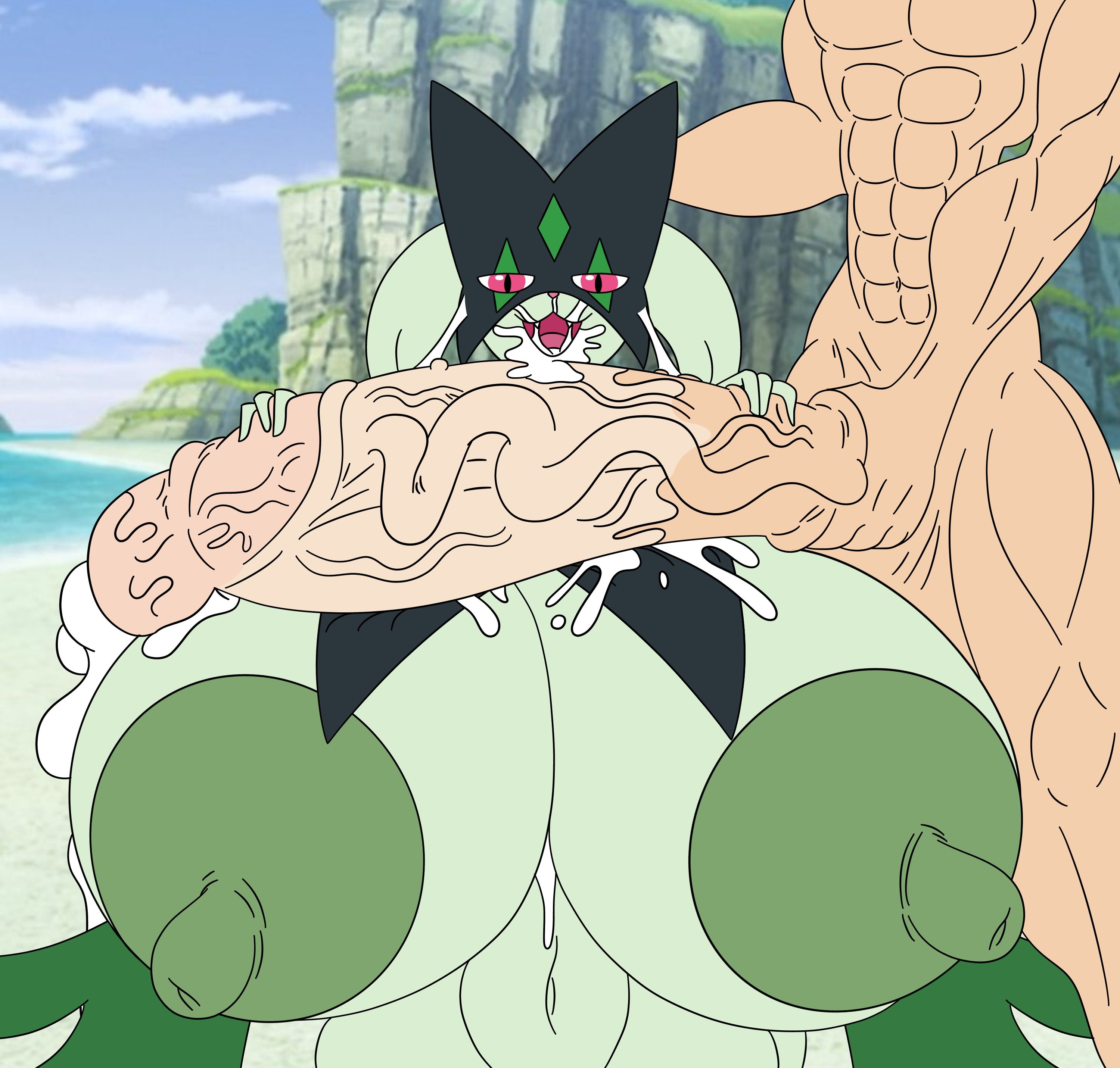 after blowjob, big breasts, blowjob, cat ears, cum, cum in mouth, cum on body, cum on breasts, cum on face, edit, edited, furry, furry female, green fur, human, hyper, hyper breasts, hyper penis, komi edits, meowscarada, nintendo, nipples, penis on breast, pokemon, pokemon (species), pokemon sv, saliva, saliva on face, saliva on penis, saliva trail, shiny pokemon, tasteofchoklit (edit)