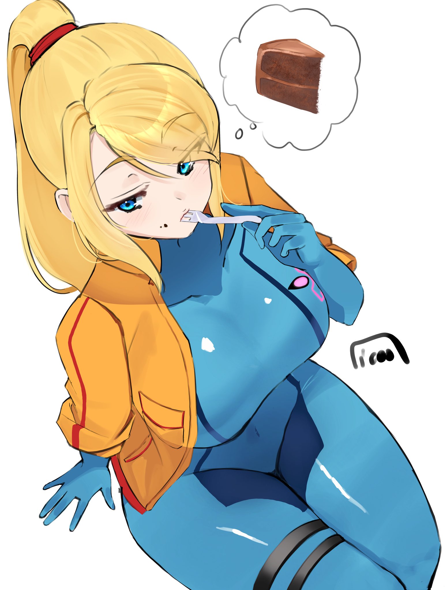 1girls, blonde hair, blue bodysuit, blue eyes, blush, bodysuit, breasts, cake, cake slice, chocolate cake, covered navel, eating, female, female only, food, gloves, high ponytail, highres, holding, icoo, impossible bodysuit, impossible clothes, jacket, large breasts, long hair, looking at viewer, metroid, nintendo, open clothes, open jacket, ponytail, samus aran, simple background, sitting, skin tight, solo, speech bubble, thighs, thought bubble, white background, yellow jacket, zero suit, zero suit samus