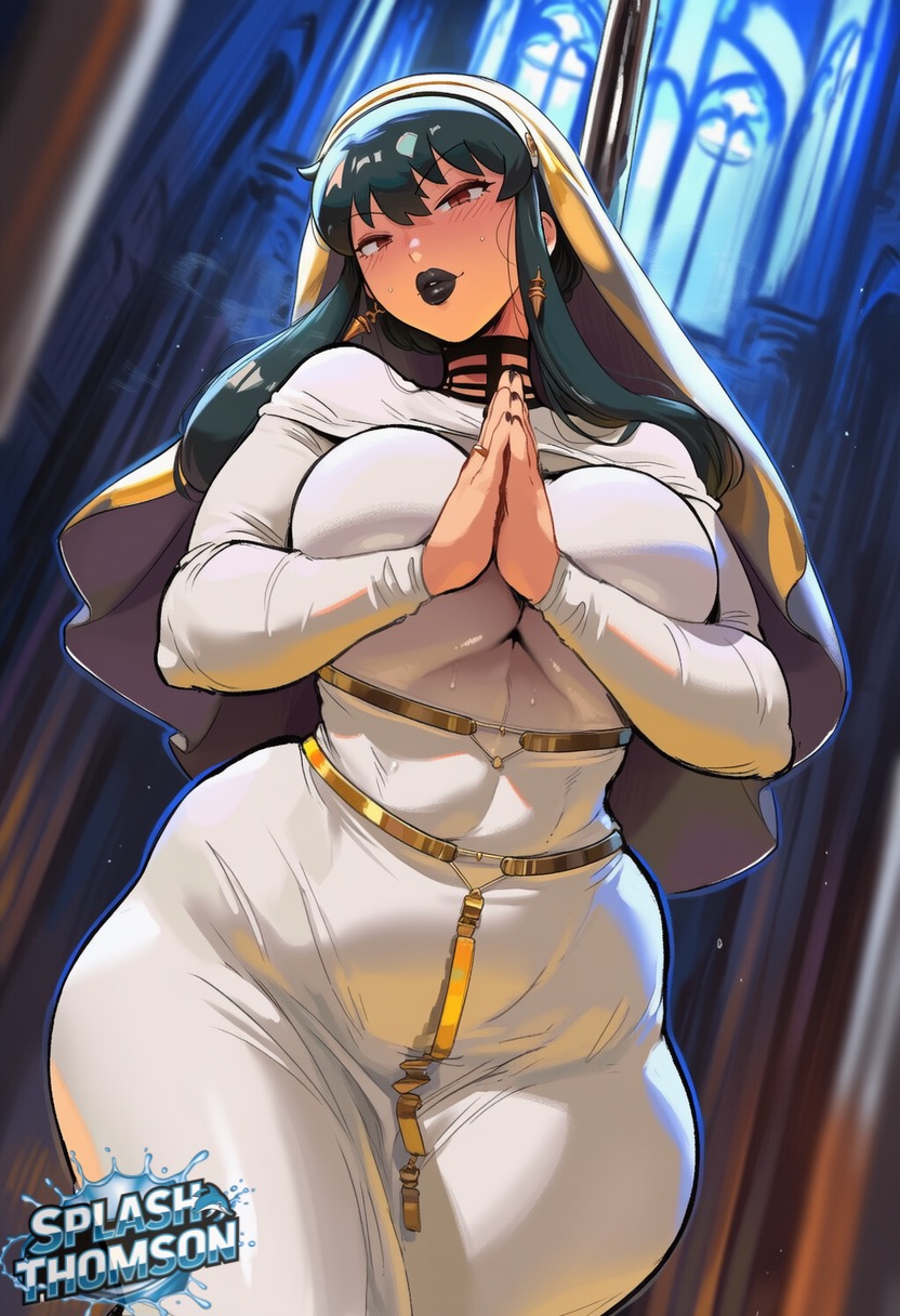 ai generated, artist name, black hair, black lips, black nails, blush, breasts, church, curvy, dress, earrings, female, female only, habit, indoors, jewelry, large breasts, long hair, long sleeves, looking at viewer, nun, own hands together, praying, praying hands, red eyes, sidelocks, solo, splashthomson, spy x family, thick thighs, thighs, white dress, wide hips, yor forger