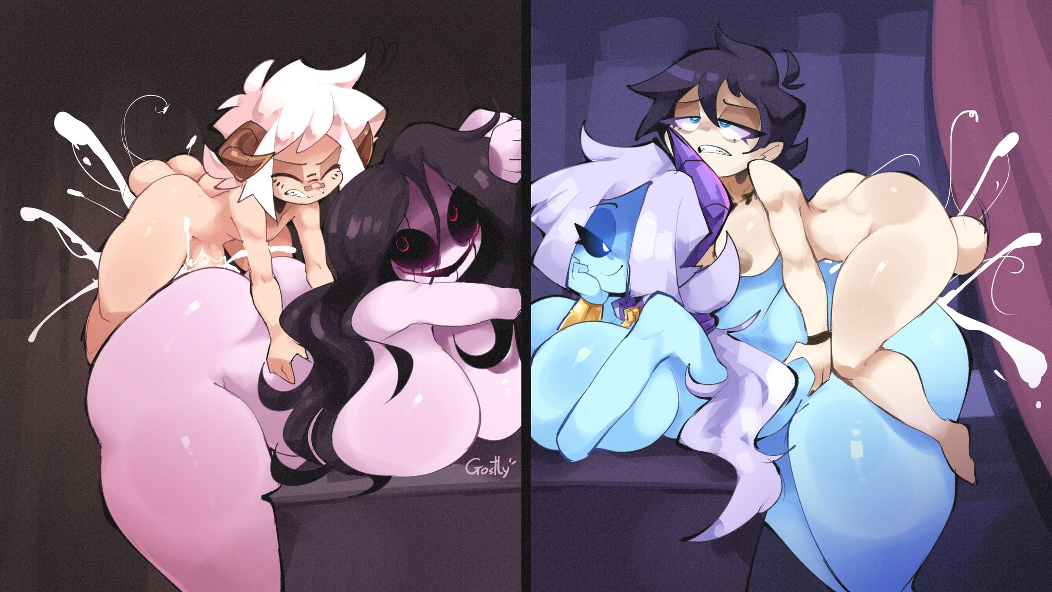 1boy, 1futa, 2girls, arm support, band-aid, bandaid, big balls, black hair, black pupils, bleeding eyes, blue body, blue eyes, bracer, breast press, cum in pussy, eyelashes, female, female penetrated, femboy, femboy on female, femboy penetrating, foursome, futa on female, futanari, ghost, ghost girl, ghostlykoisus, glowing eyes, grabbing from behind, grabbing waist, grey hair, hand on own chin, head rest, horned male, horns, huge breasts, hung femboy, hung trap, koi (ghostlykoisus), male, medium breasts, mery (koishiko), oc, original character, overflowing cum, perching position, red eyes, size difference, small but hung, smiling, swapping partners, thick thighs, voluptuous female, wavy hair, white hair