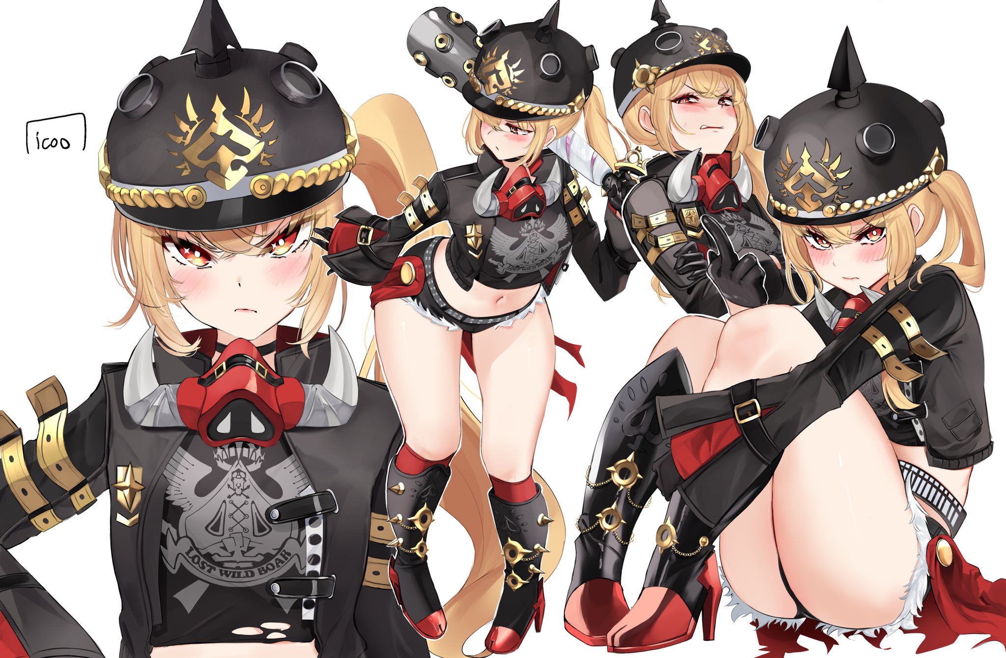 1girls, black boots, black gloves, black helmet, black jacket, black shirt, black shorts, blonde hair, blush, boots, brass knuckles, closed mouth, combat helmet, crop top, cropped jacket, crossed bangs, cutoffs, female, female only, flat chest, glaring, gloves, hair between eyes, helmet, high heel boots, high heels, highres, holding, icoo, jacket, knees up, leaning forward, long hair, long sleeves, looking at viewer, looking to the side, luciana de montefio, mask, micro shorts, middle finger, midriff, multiple views, navel, open clothes, open jacket, pear-shaped figure, pickelhaube, red eyes, respirator, shirt, shorts, side ponytail, simple background, sitting, sleeves past wrists, spiked boots, standing, torn clothes, torn shirt, v-shaped eyebrows, weapon, white background, wide sleeves, zenless zone zero