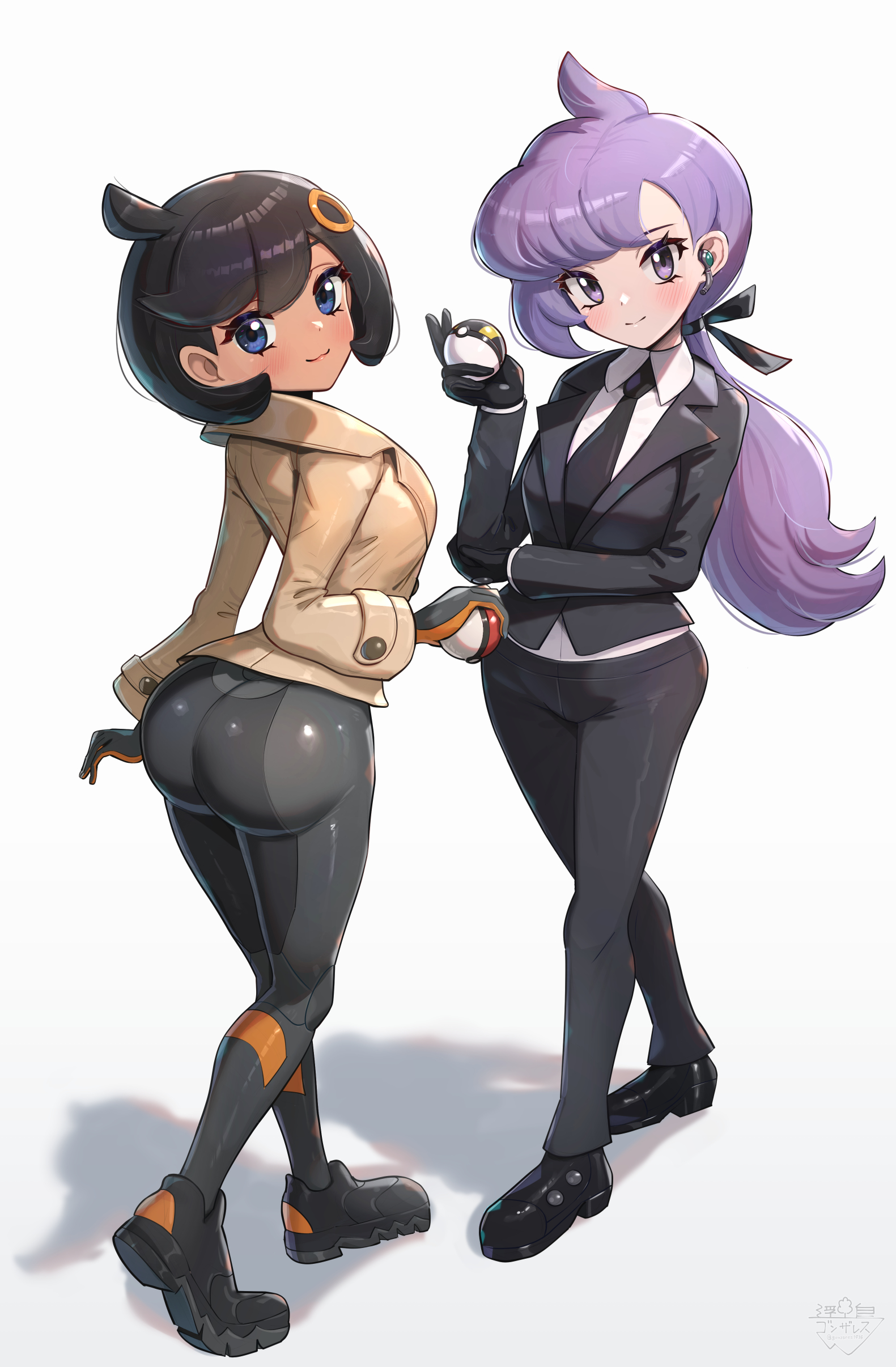 2girls, absurdres, anabel (pokemon), ass, black hair, black pants, black shoes, blue eyes, blush, bodysuit, brown coat, coat, commentary request, emma (pokemon), female, female only, formal clothes, gonzarez, hair ornament, hairclip, highres, lila (pokemon sm), lila (pokemon), looking at viewer, matiere (pokemon legends: z-a), matiere (pokemon), multiple girls, nintendo, pants, poke ball, pokemon, pokemon legends: z-a, pokemon sm, ponytail, purple eyes, purple hair, shoes, short hair, smile, suit, ultra ball