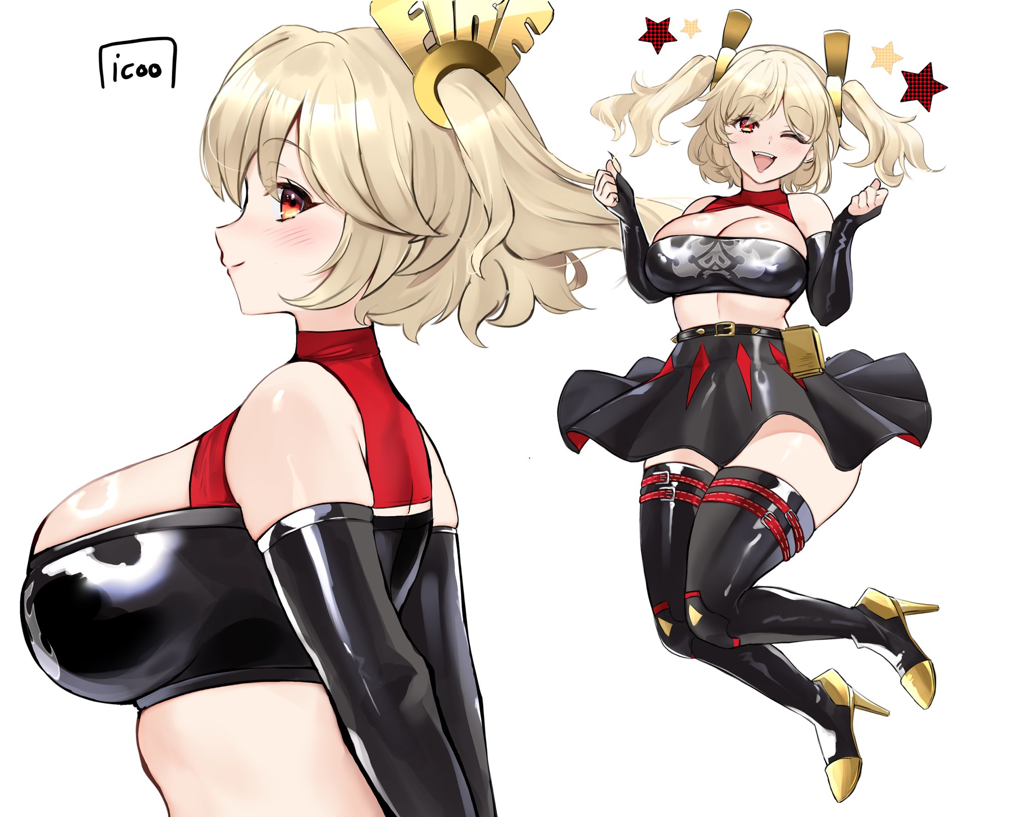 1girls, black gloves, black jacket, black skirt, black thighhighs, blonde hair, blush, breasts, burnice white, cleavage, crop top, eyewear on head, female, female only, full body, gloves, highres, icoo, jacket, large breasts, looking at viewer, multiple views, one eye closed, red eyes, skirt, smile, sunglasses, thick thighs, thighhighs, thighs, tinted eyewear, twintails, zenless zone zero