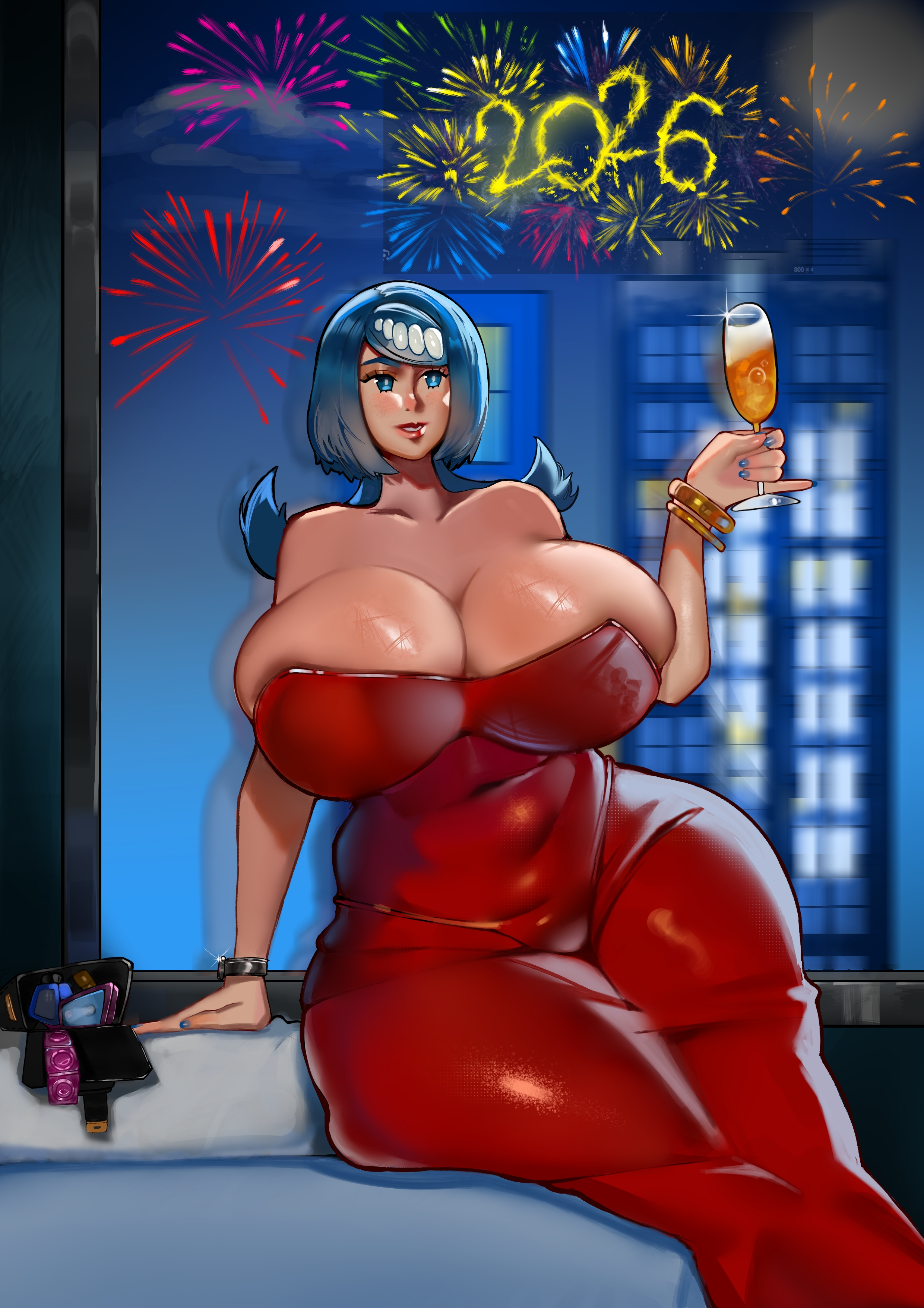 1girls, 2026, armwear, big breasts, blue eyes, blue hair, blue nail polish, blue nails, bracelet, breasts, cleavage, condom, condom wrapper, dress, drink, female, female only, fireworks, game freak, glass, hair, happy new year, hips, holding drink, holding object, huge breasts, lana's mother (pokemon), mature, mature female, mature woman, milf, mob face, mother, nail polish, nails, pantylines, pokemon, pokemon sm, purse, red dress, smile, solo, solo female, tommyleev65, watch, wide hips, wine glass
