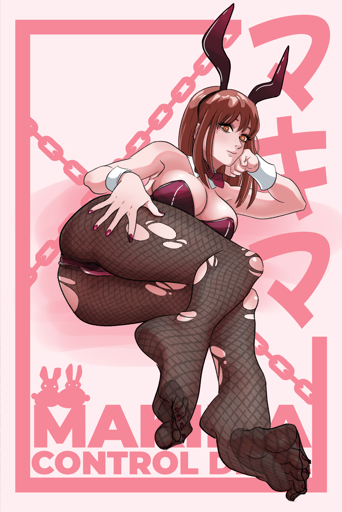 1girls, alternate version available, ass, bunny costume, bunny ear, bunny ears, bunny girl, bunny suit, bunnygirl, bunnysuit, chainsaw man, feet, female, female only, fishnet clothing, fishnet legwear, fishnet pantyhose, fishnets, inigoiio, makima (chainsaw man), pantyhose, tagme