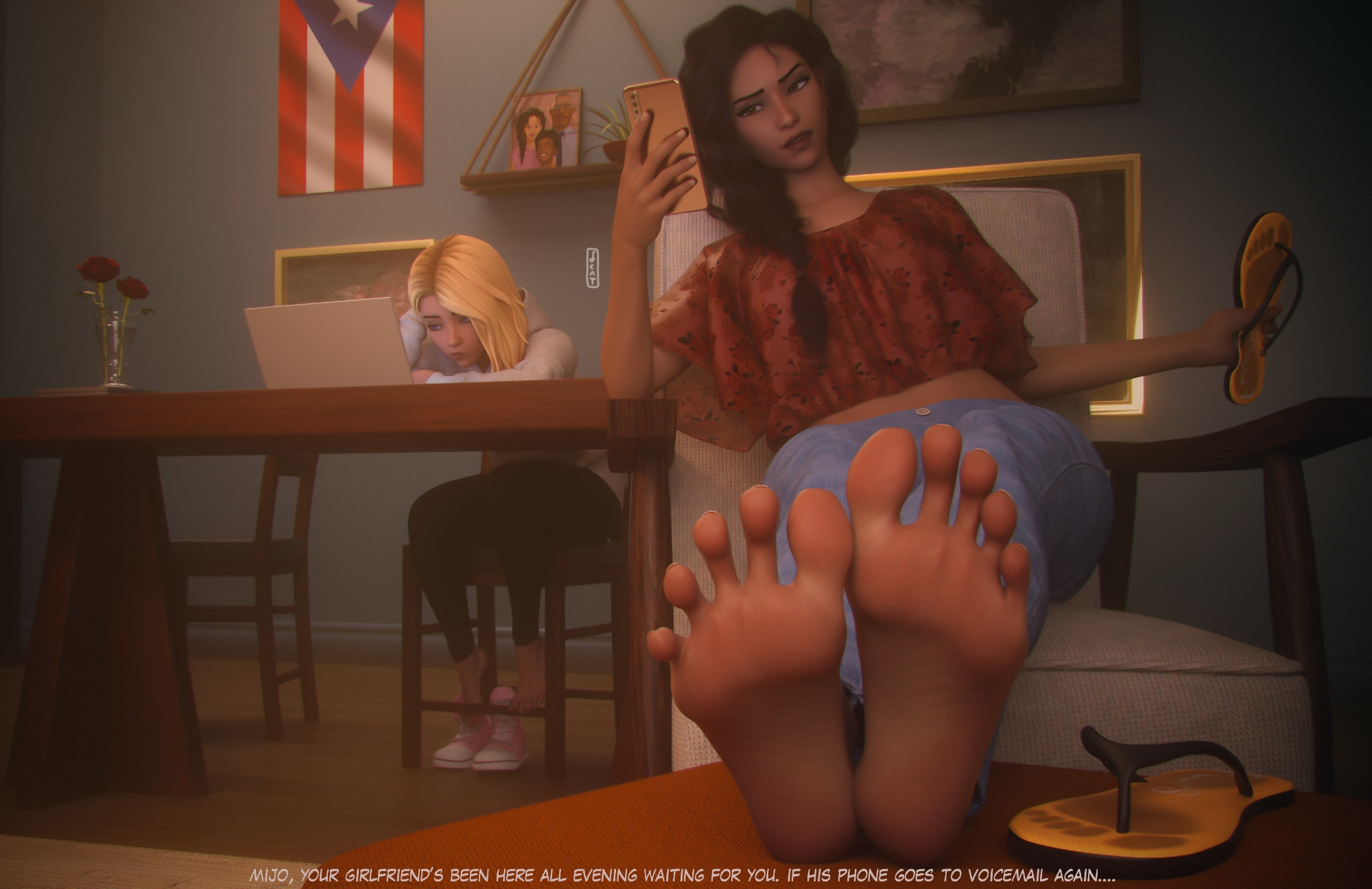 2girls, 3d, 3d (artwork), barefoot, blonde hair, dialogue, english text, fcat, feet, female, female only, foot fetish, foot focus, footprint on sandals, gwen stacy, gwen stacy (spider-verse), heyfcat, holding phone, laptop, latina, latina female, marvel, marvel comics, milf, rio morales, rio morales (spider-verse), sandals, sandals removed, shoes removed, soles, sony pictures animation, spider-gwen, spider-man (series), spider-man: across the spider-verse, spider-man: into the spider-verse, teenage girl, text