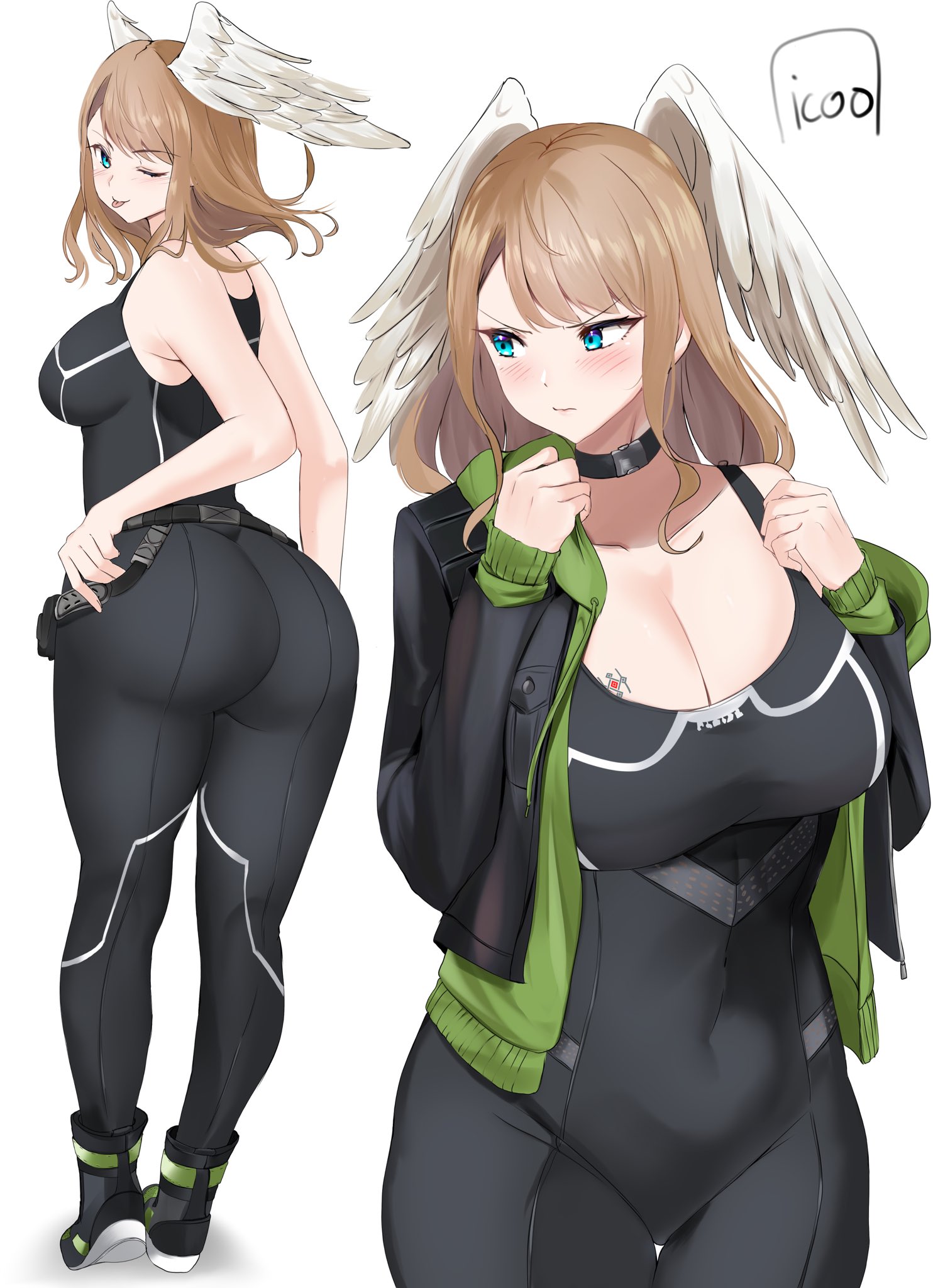 1girls, angry, annoyed, ass, ass focus, black bodysuit, blue eyes, blush, bodysuit, breast tattoo, breasts, brown hair, cleavage, covered navel, eunie (xenoblade), female, female only, from behind, head wings, highres, huge ass, icoo, large breasts, looking at viewer, looking back, medium hair, one eye closed, solo, tattoo, thighs, tongue, tongue out, white wings, wings, xenoblade (series), xenoblade chronicles 3