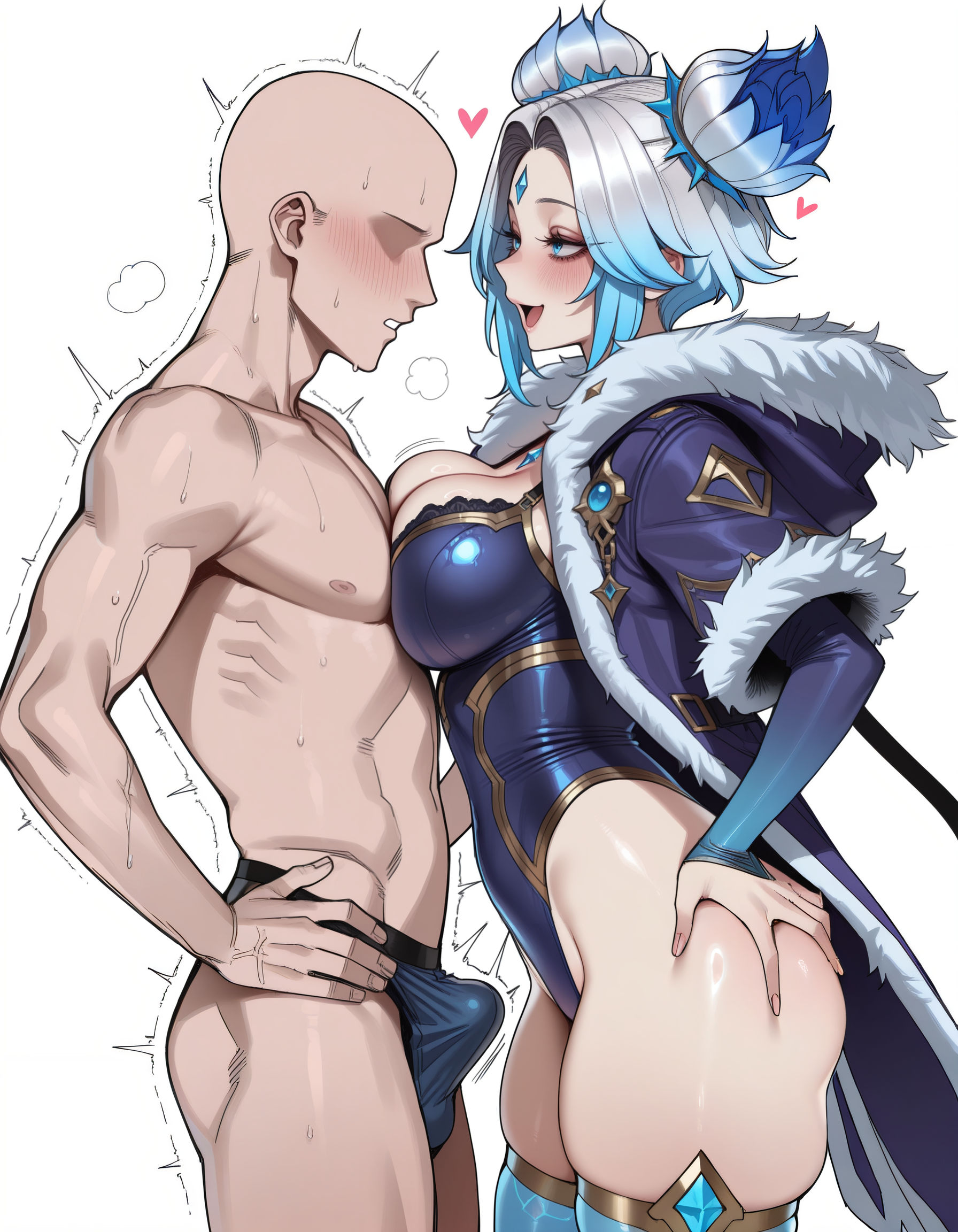 1boy, 1girls, ai, ai art, ai generated, ass, blush, bulge, child bearing hips, coat, curvaceous, curvaceous ass, curvaceous body, curvaceous female, curvaceous figure, curvaceous hips, curvaceous thighs, curvy, curvy body, curvy female, curvy figure, curvy hips, curvy thighs, erection under clothes, female, female focus, femdom, heart, large breasts, league of legends, multicolored hair, riahri, riot games, simple background, thick, thick hips, thick legs, waifu, white background, winter wonder zeri, zeri (league of legends)