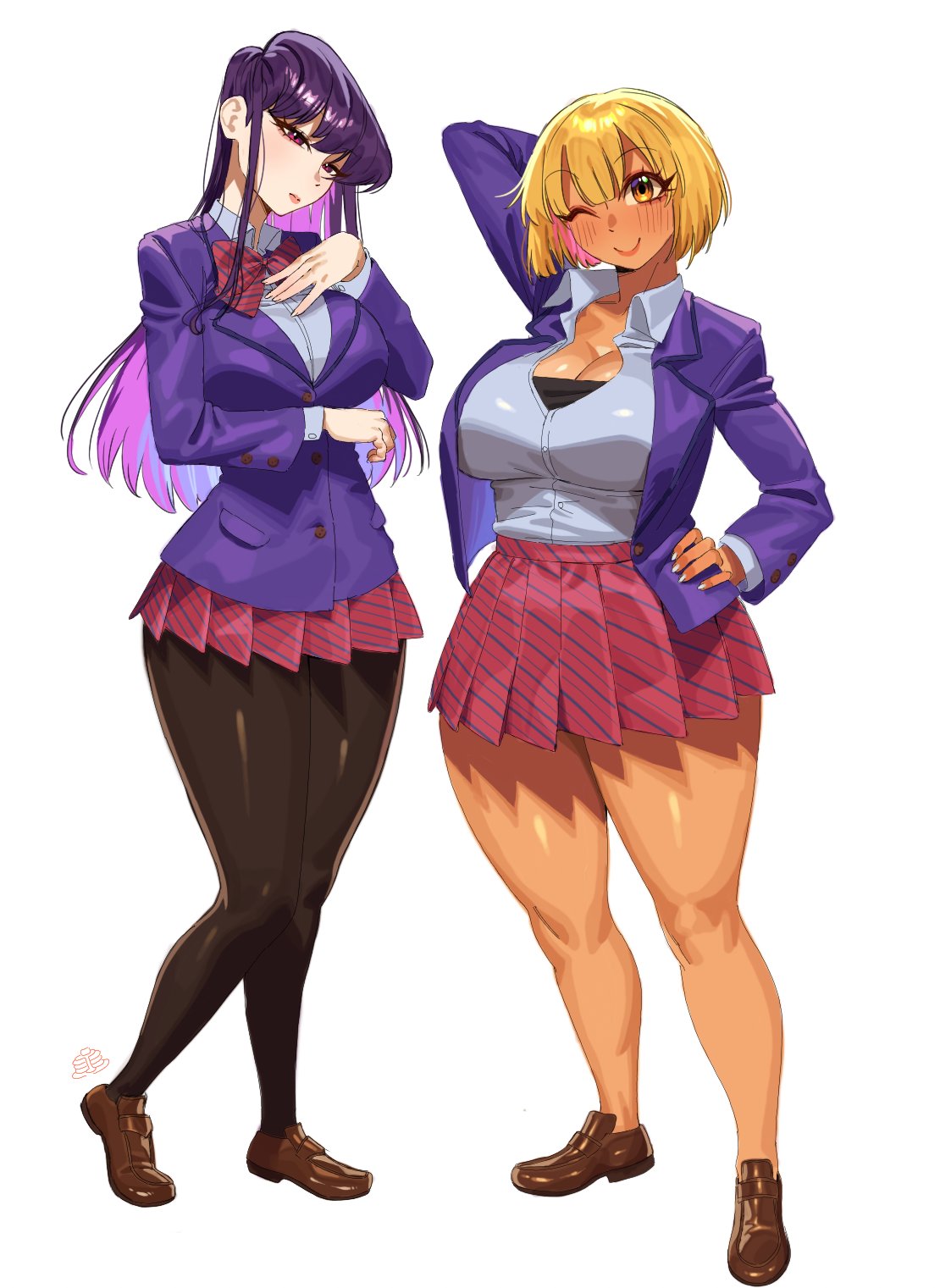 arm behind head, arm under breasts, black pantyhose, blazer, blonde hair, blue jacket, blush, bow, bowtie, breasts, brown shoes, cleavage, colored inner hair, diagonal-striped bow, diagonal-striped bowtie, diagonal-striped clothes, diagonal-striped skirt, full body, gyaru, hand on own hip, highres, itan private high school uniform, jacket, komi shouko, komi-san wa komyushou desu, large breasts, lips, loafers, long hair, manbagi rumiko, miniskirt, multicolored hair, one eye closed, orange eyes, pankekes, pantyhose, pink hair, pleated skirt, purple eyes, purple hair, red bow, red bowtie, red skirt, school uniform, shirt, shoes, short hair, simple background, skirt, smile, standing, striped bow, striped bowtie, striped clothes, thick thighs, thighs, unbuttoned jacket, very long hair, white background, white shirt
