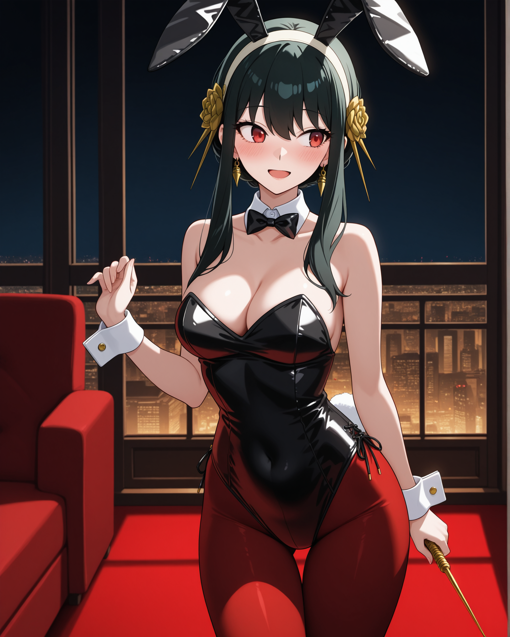 1girls, ai generated, assassin, bare shoulders, black hair, blush, bowtie, breasts, bunny ears, bunny tail, bunnysuit, cityscape, cleavage, couch, covered navel, detached collar, detached cuffs, disguise, earrings, fake animal ears, fake tail, female, female only, hair between eyes, hair ornament, indoors, leotard, looking away, looking to the side, night, notreallyhere, pantyhose, rabbit ears, red carpet, red eyes, short hair, side-tie leotard, sidelocks, solo, spy x family, stiletto (weapon), thigh gap, yor briar